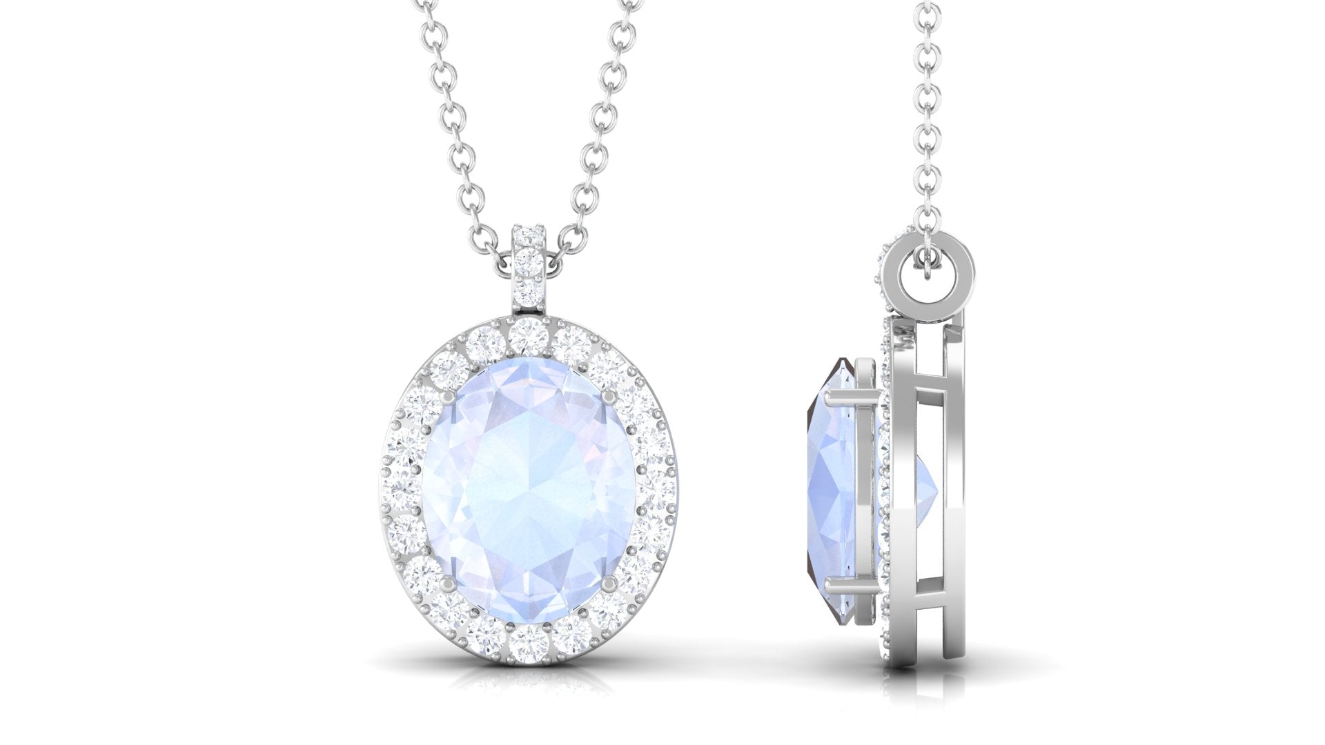 Oval Shaped Moonstone Pendant Necklace With Diamond Halo Moonstone - ( AAA ) - Quality - Rosec Jewels