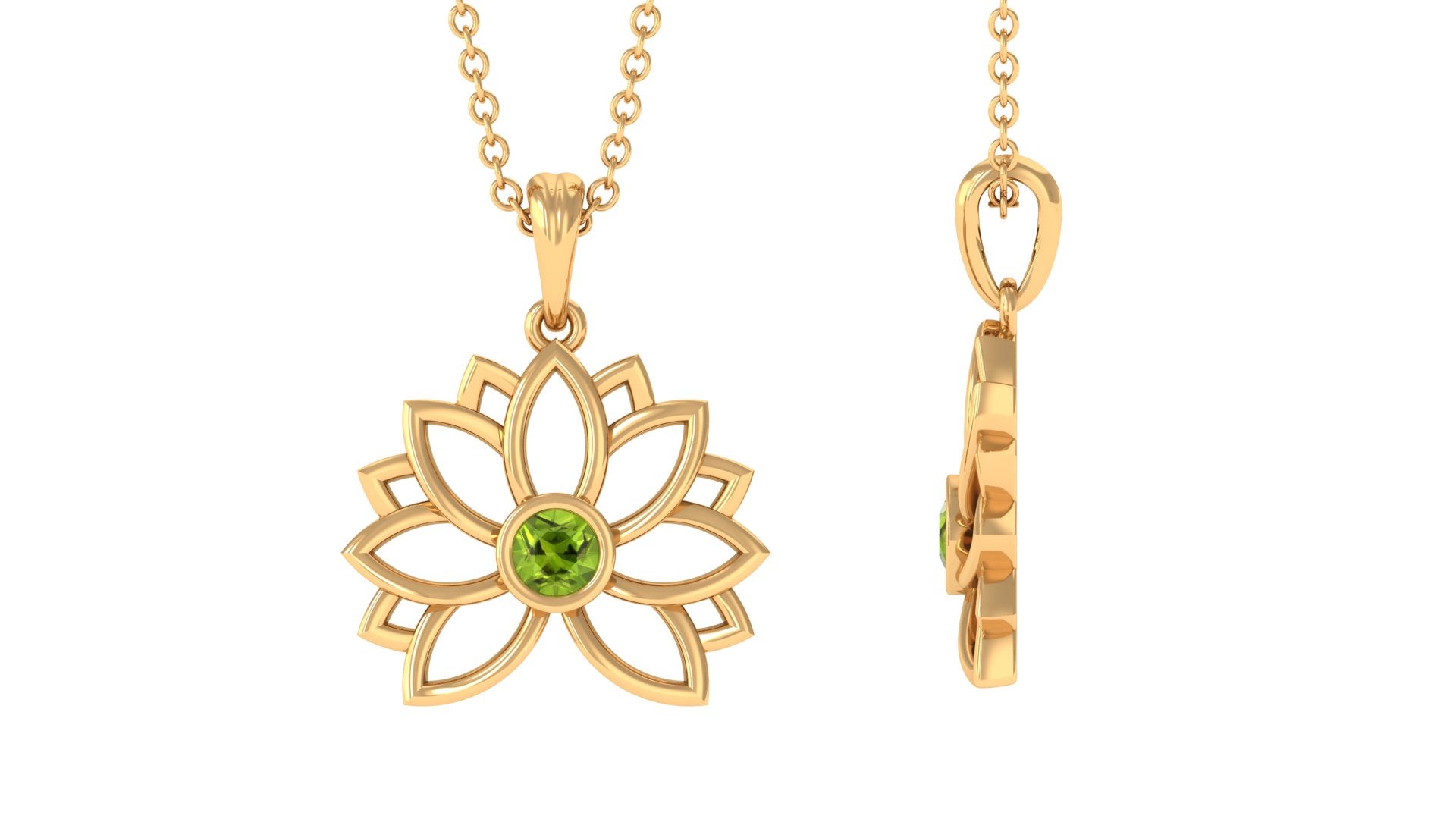 Gold Lotus Flower Pendant with 3 MM Round Cut Peridot Peridot - ( AAA ) - Quality - Rosec Jewels