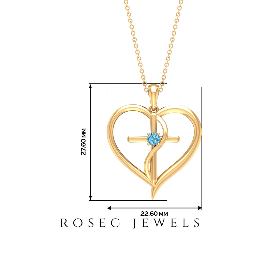 0.25 CT Aquamarine Cross Heart Pendant Necklace in Prong Setting Aquamarine - ( AAA ) - Quality - Rosec Jewels