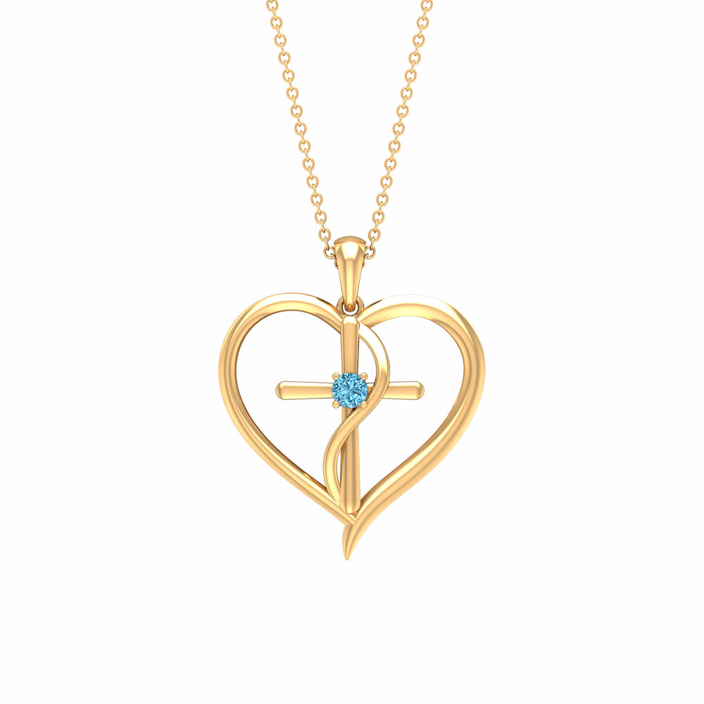 0.25 CT Aquamarine Cross Heart Pendant Necklace in Prong Setting Aquamarine - ( AAA ) - Quality - Rosec Jewels