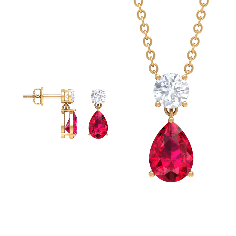 Classic Pear Shape Ruby Jewelry Set with Moissanite Ruby - ( AAA ) - Quality - Rosec Jewels