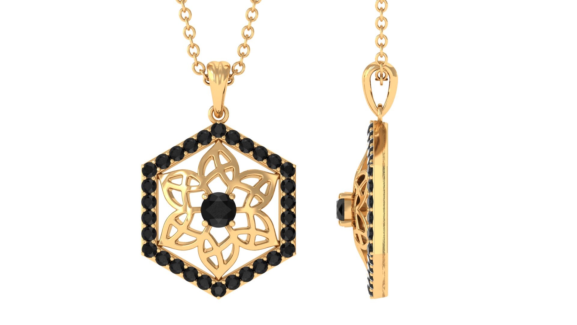 0.50 CT Round Cut Black Onyx Flower Pendant in Gold Black Onyx - ( AAA ) - Quality - Rosec Jewels