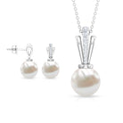 Natural Freshwater Pearl Drop Jewelry Set with Diamond Freshwater Pearl - ( AAA ) - Quality - Rosec Jewels