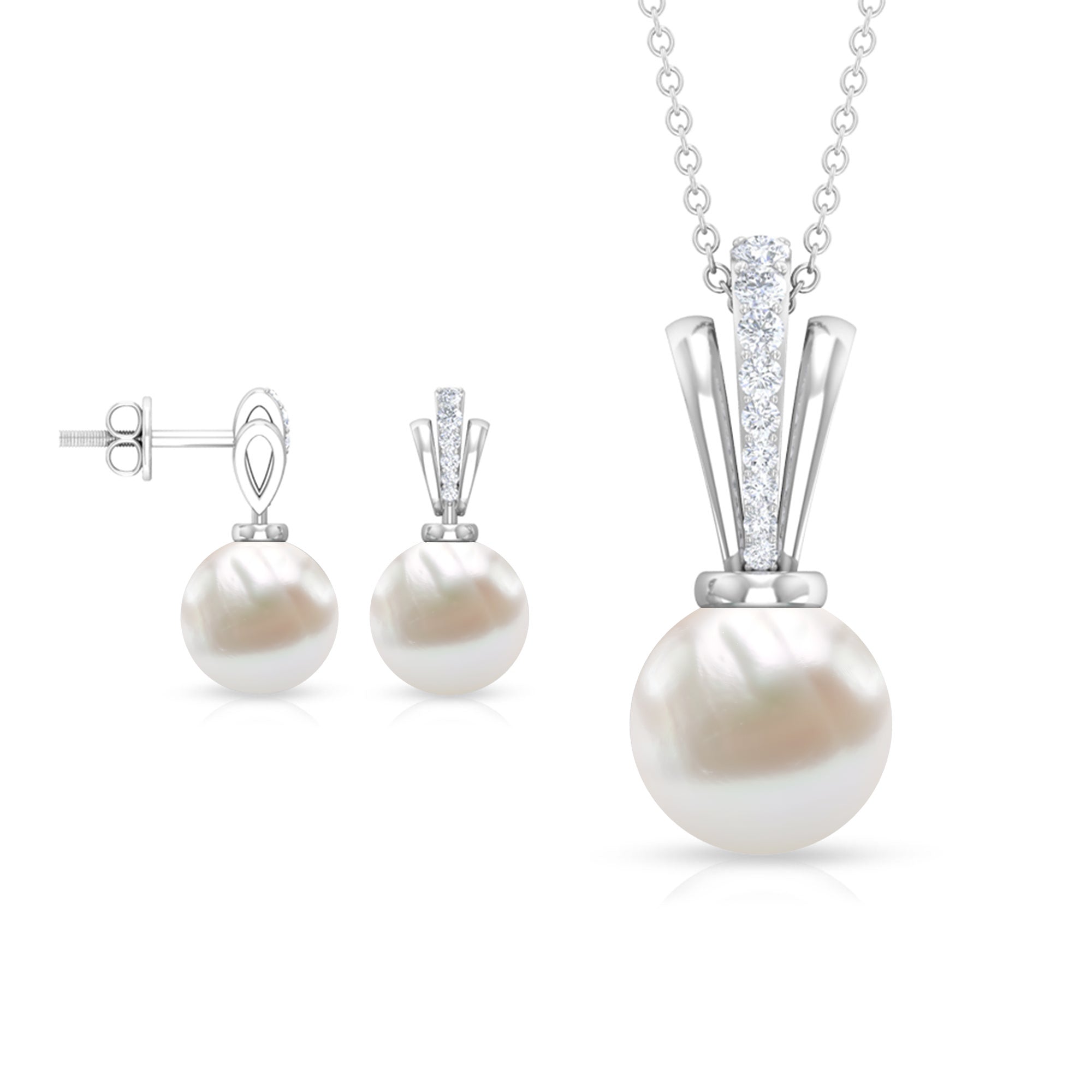 Natural Freshwater Pearl Drop Jewelry Set with Diamond Freshwater Pearl - ( AAA ) - Quality - Rosec Jewels