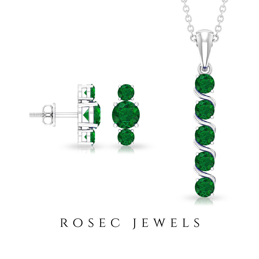 Natural Emerald Bar Pendant Necklace and Stud Earring Set Emerald - ( AAA ) - Quality - Rosec Jewels