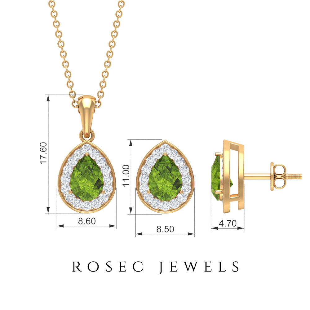 Peridot Teardrop Jewelry Set with Moissanite Halo Peridot - ( AAA ) - Quality - Rosec Jewels