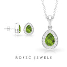 Peridot Teardrop Jewelry Set with Moissanite Halo Peridot - ( AAA ) - Quality - Rosec Jewels