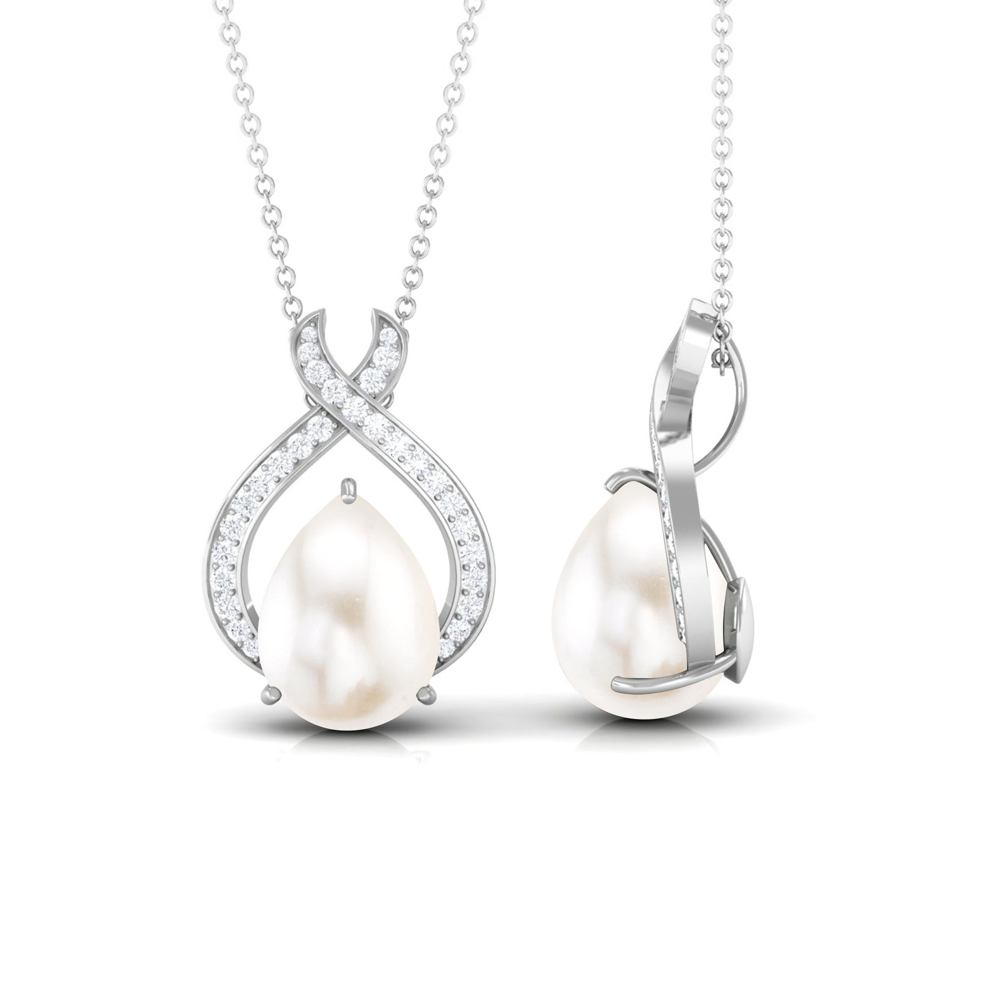 Freshwater Pearl Teardrop Pendant Necklace with Diamond Freshwater Pearl - ( AAA ) - Quality - Rosec Jewels