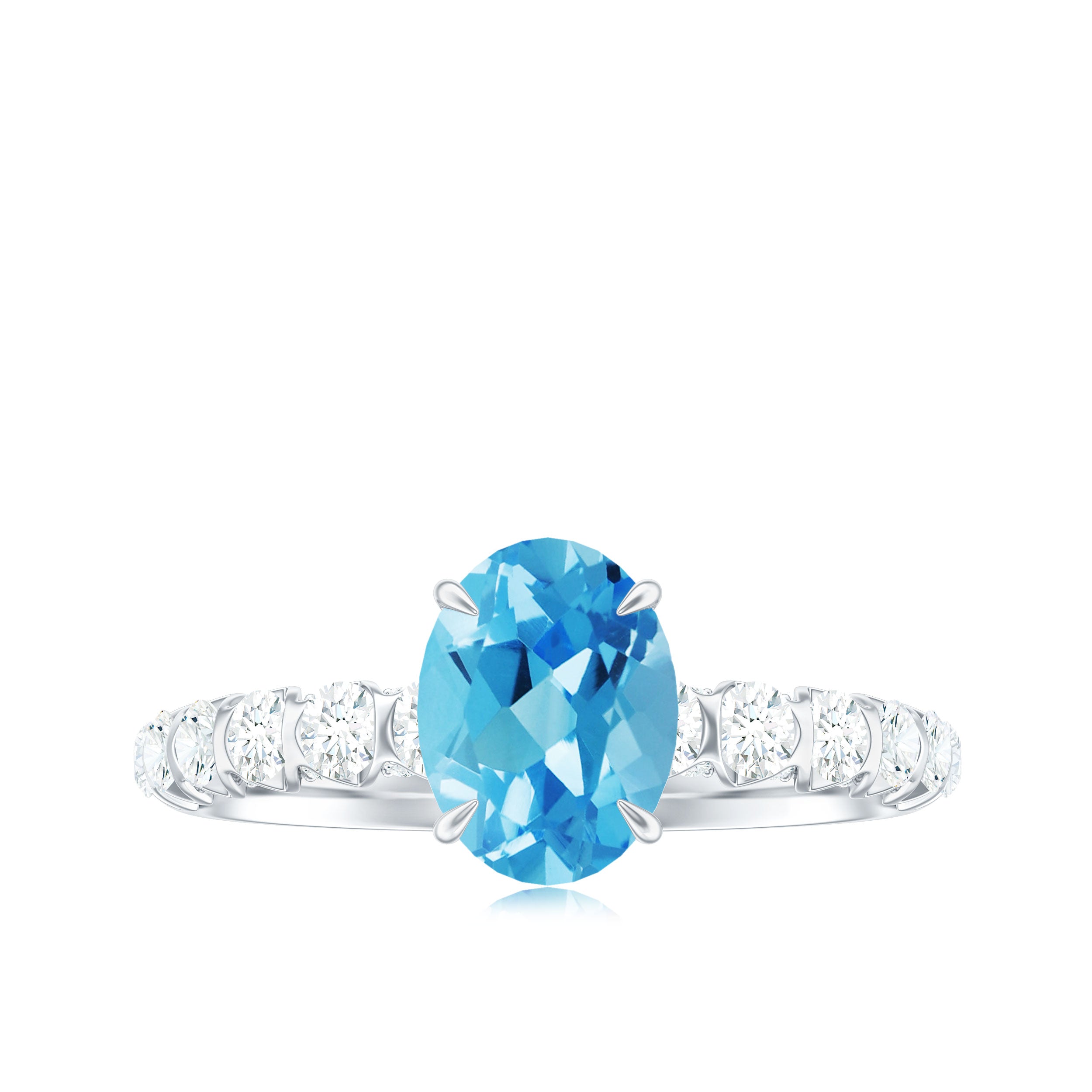 8X6 Oval Cut Swiss Blue Topaz Solitaire with Diamond Side Stone Ring Swiss Blue Topaz - ( AAA ) - Quality - Rosec Jewels