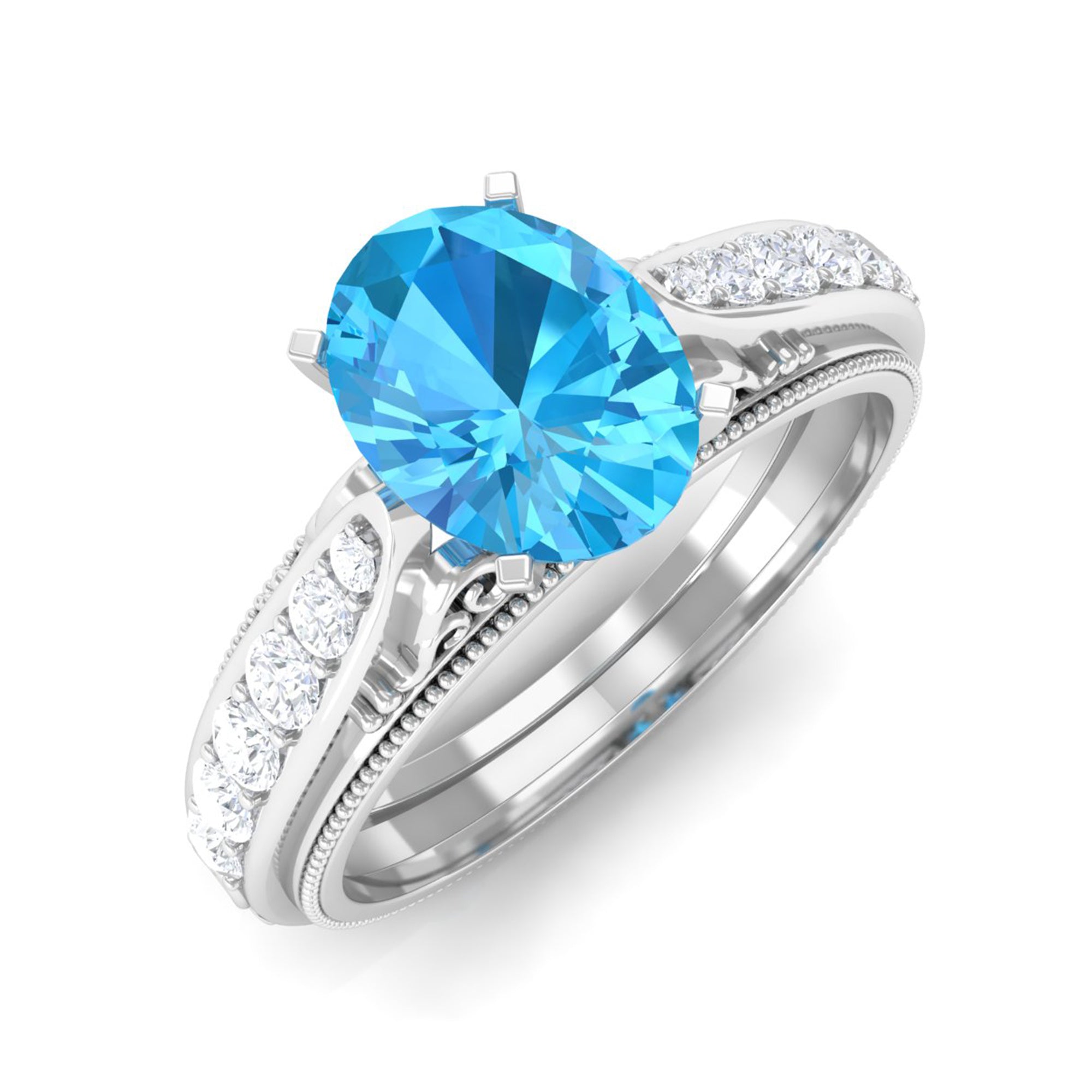 8X6 MM Oval Cut Swiss Blue Topaz Solitaire and Diamond Side Stone Ring Swiss Blue Topaz - ( AAA ) - Quality - Rosec Jewels