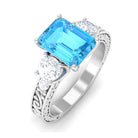 6X8 MM Octagon Cut Swiss Blue Topaz with Moissanite Three Stone Ring Swiss Blue Topaz - ( AAA ) - Quality - Rosec Jewels