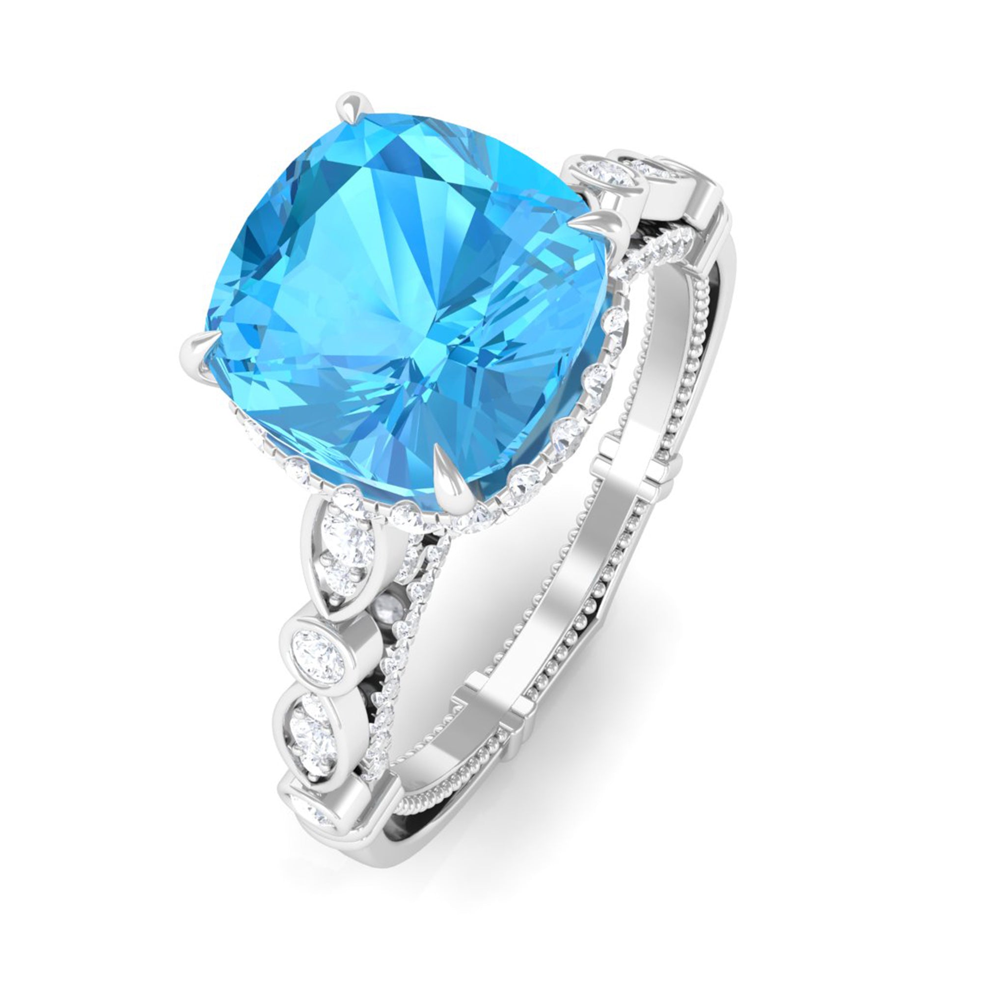 3.25 CT Cushion Cut Swiss Blue Topaz Solitaire and Moissanite Side Stone Ring Swiss Blue Topaz - ( AAA ) - Quality - Rosec Jewels