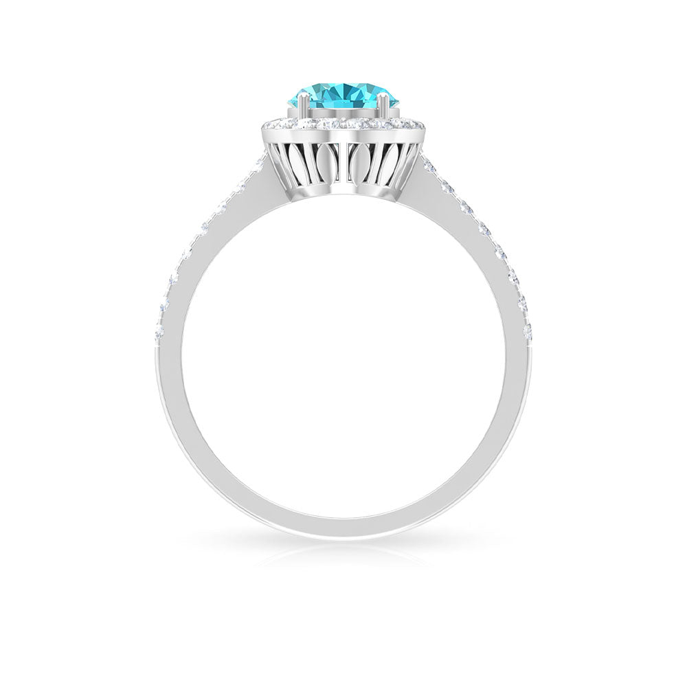 8X6 MM Oval Shape Swiss Blue Topaz Solitaire with Diamond Halo Ring Swiss Blue Topaz - ( AAA ) - Quality - Rosec Jewels