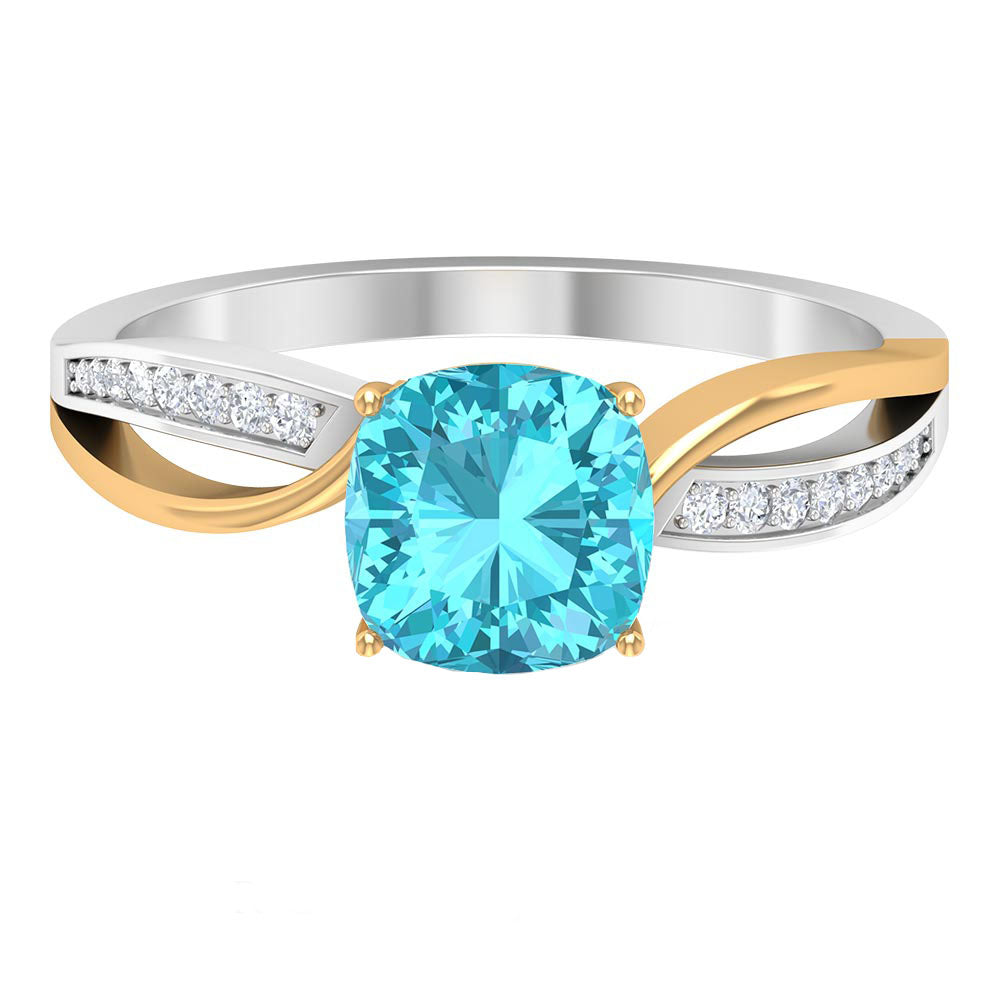 1.50 CT Two Tone Cushion Cut Swiss Blue Topaz Solitaire with Diamond Split Shank Ring Swiss Blue Topaz - ( AAA ) - Quality - Rosec Jewels