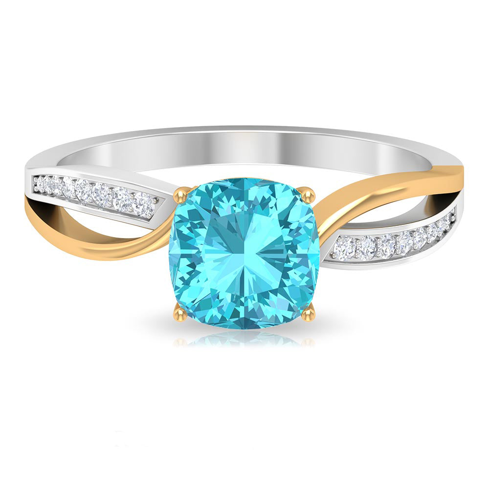 1.50 CT Two Tone Cushion Cut Swiss Blue Topaz Solitaire with Diamond Split Shank Ring Swiss Blue Topaz - ( AAA ) - Quality - Rosec Jewels