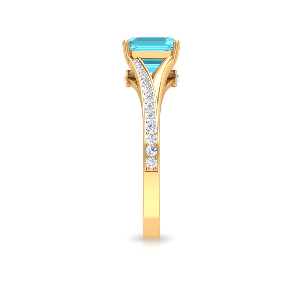 7 MM Asscher Cut Swiss Blue Topaz Solitaire with Diamond Split Shank Ring Swiss Blue Topaz - ( AAA ) - Quality - Rosec Jewels