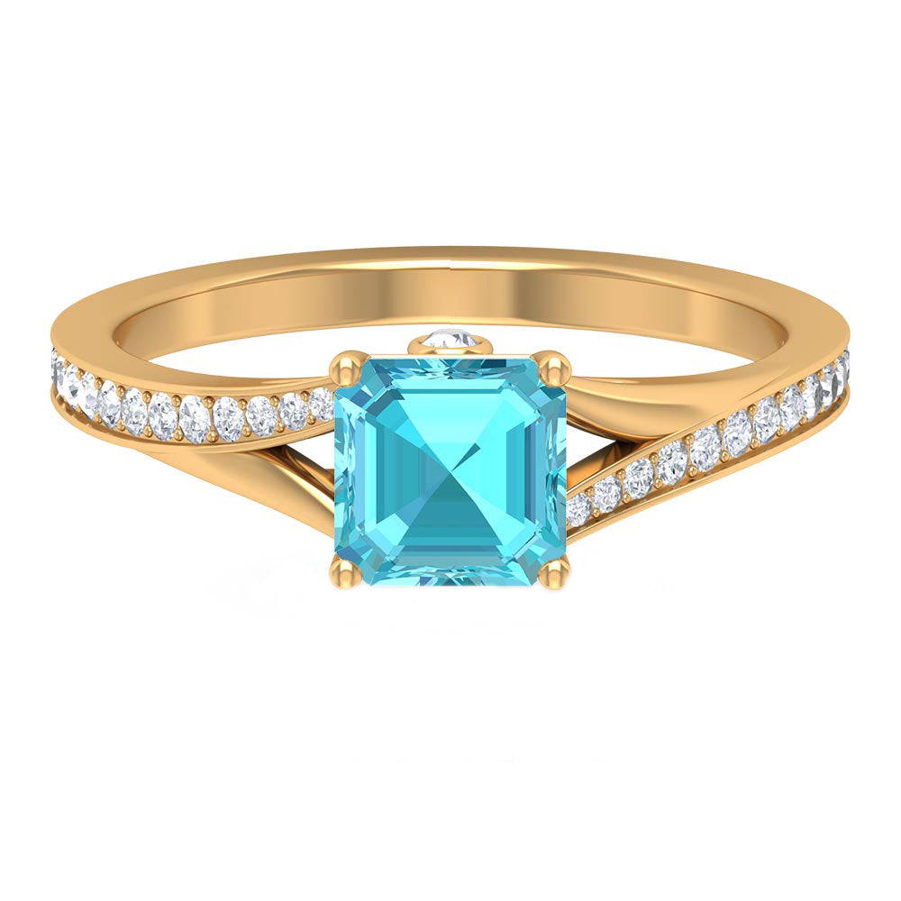 1.50 CT Split Shank Swiss Blue Topaz Solitaire with Diamond Side Stone Ring Swiss Blue Topaz - ( AAA ) - Quality - Rosec Jewels