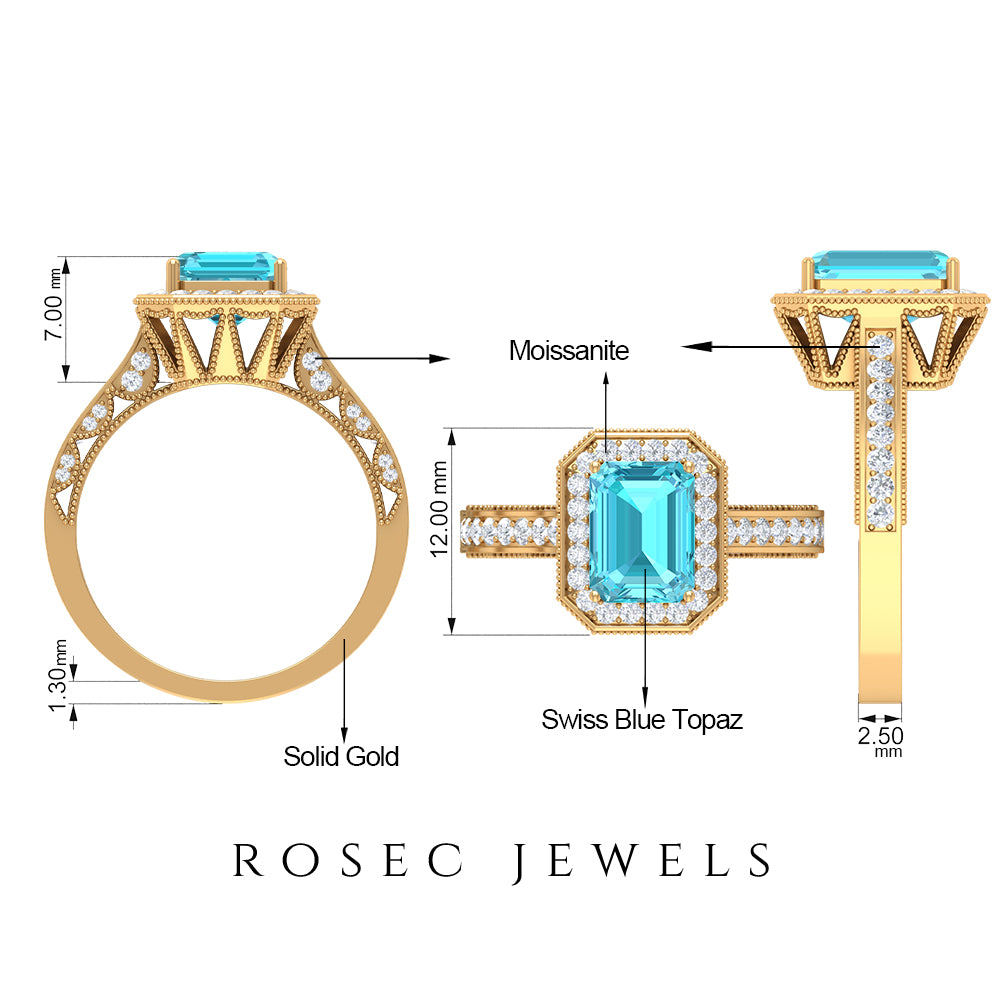 6X8 MM Octagon Cut Swiss Blue Topaz and Moissanite Halo Ring Swiss Blue Topaz - ( AAA ) - Quality - Rosec Jewels