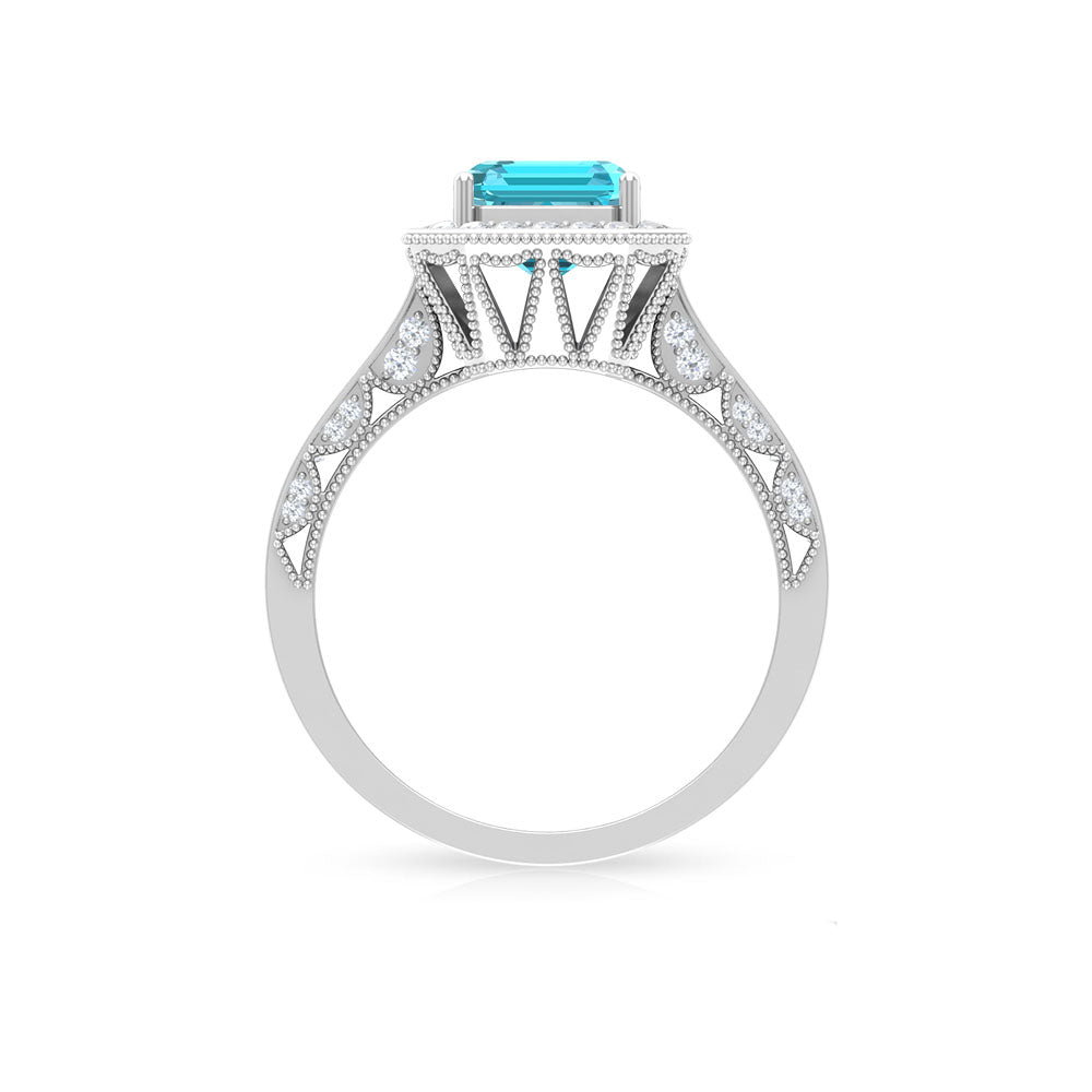 6X8 MM Octagon Cut Swiss Blue Topaz and Moissanite Halo Ring Swiss Blue Topaz - ( AAA ) - Quality - Rosec Jewels