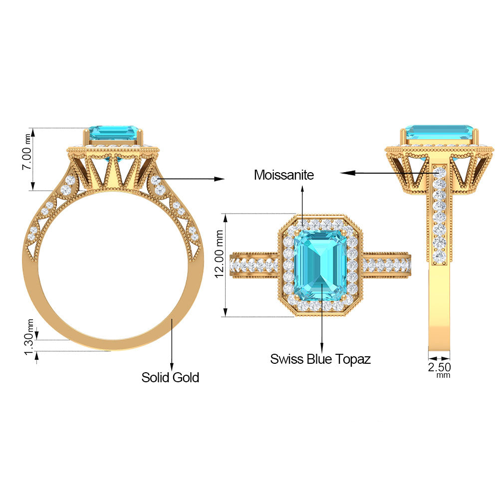 6X8 MM Octagon Cut Swiss Blue Topaz and Moissanite Halo Ring Swiss Blue Topaz - ( AAA ) - Quality - Rosec Jewels