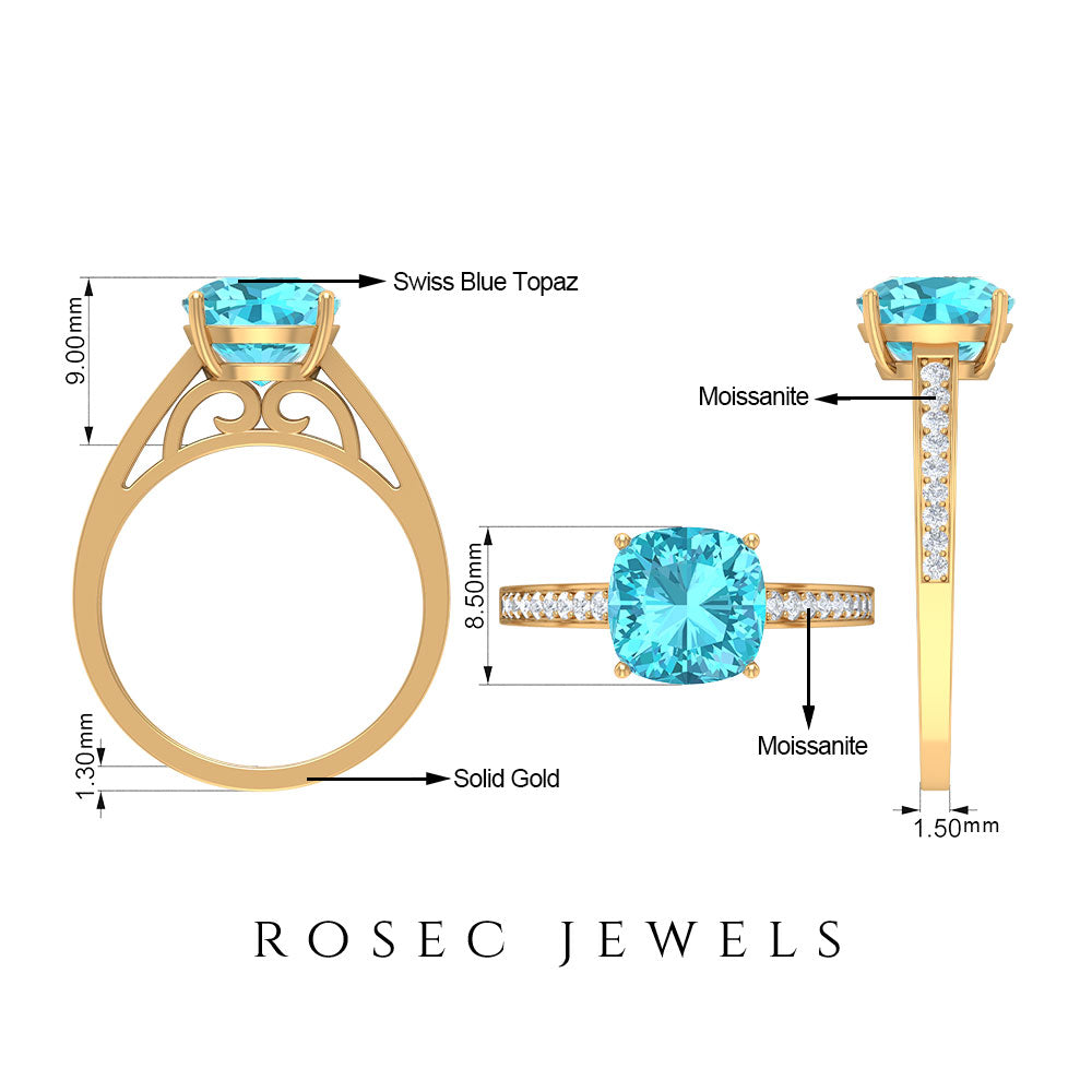 8.5 MM Cushion Cut Swiss Blue Topaz Solitaire with Diamond Side Stone Ring Swiss Blue Topaz - ( AAA ) - Quality - Rosec Jewels