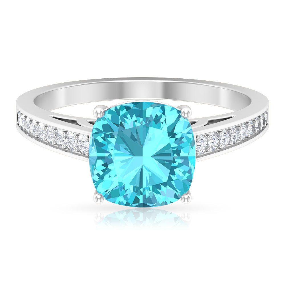 8.5 MM Cushion Cut Swiss Blue Topaz Solitaire with Diamond Side Stone Ring Swiss Blue Topaz - ( AAA ) - Quality - Rosec Jewels