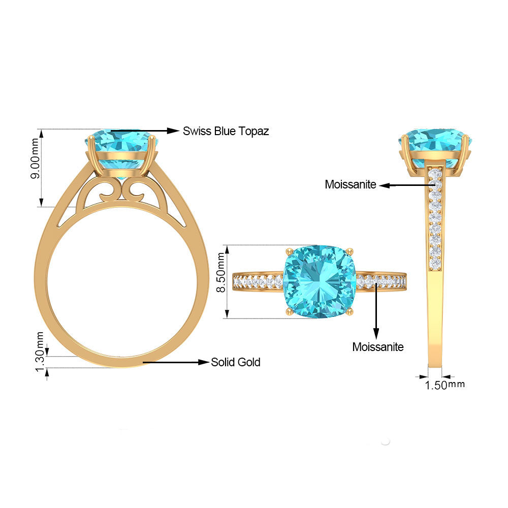 8.5 MM Cushion Cut Swiss Blue Topaz Solitaire with Diamond Side Stone Ring Swiss Blue Topaz - ( AAA ) - Quality - Rosec Jewels