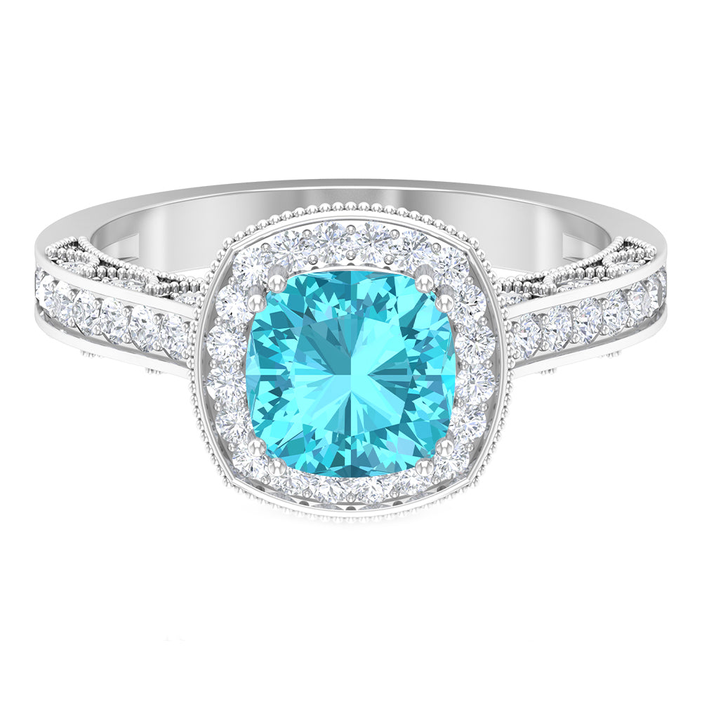 Milgrain Engagement Ring with 2.50 CT Swiss Blue Topaz and Moissanite Swiss Blue Topaz - ( AAA ) - Quality - Rosec Jewels