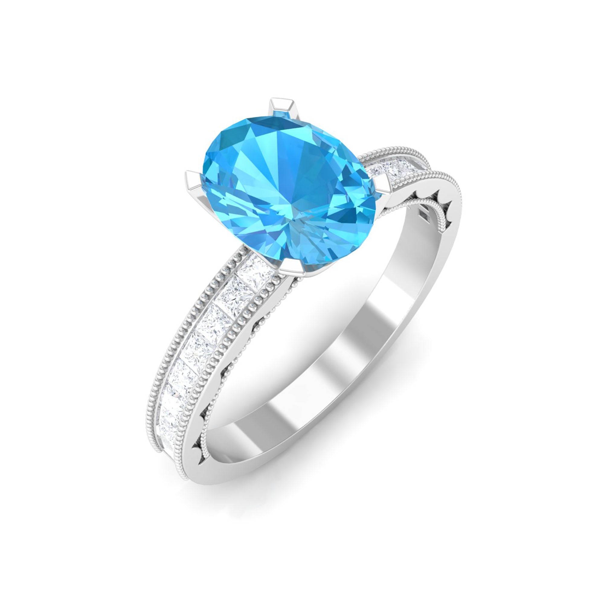 Classic Solitaire Ring with 1.75 CT Swiss Blue Topaz and Moissanite Swiss Blue Topaz - ( AAA ) - Quality - Rosec Jewels