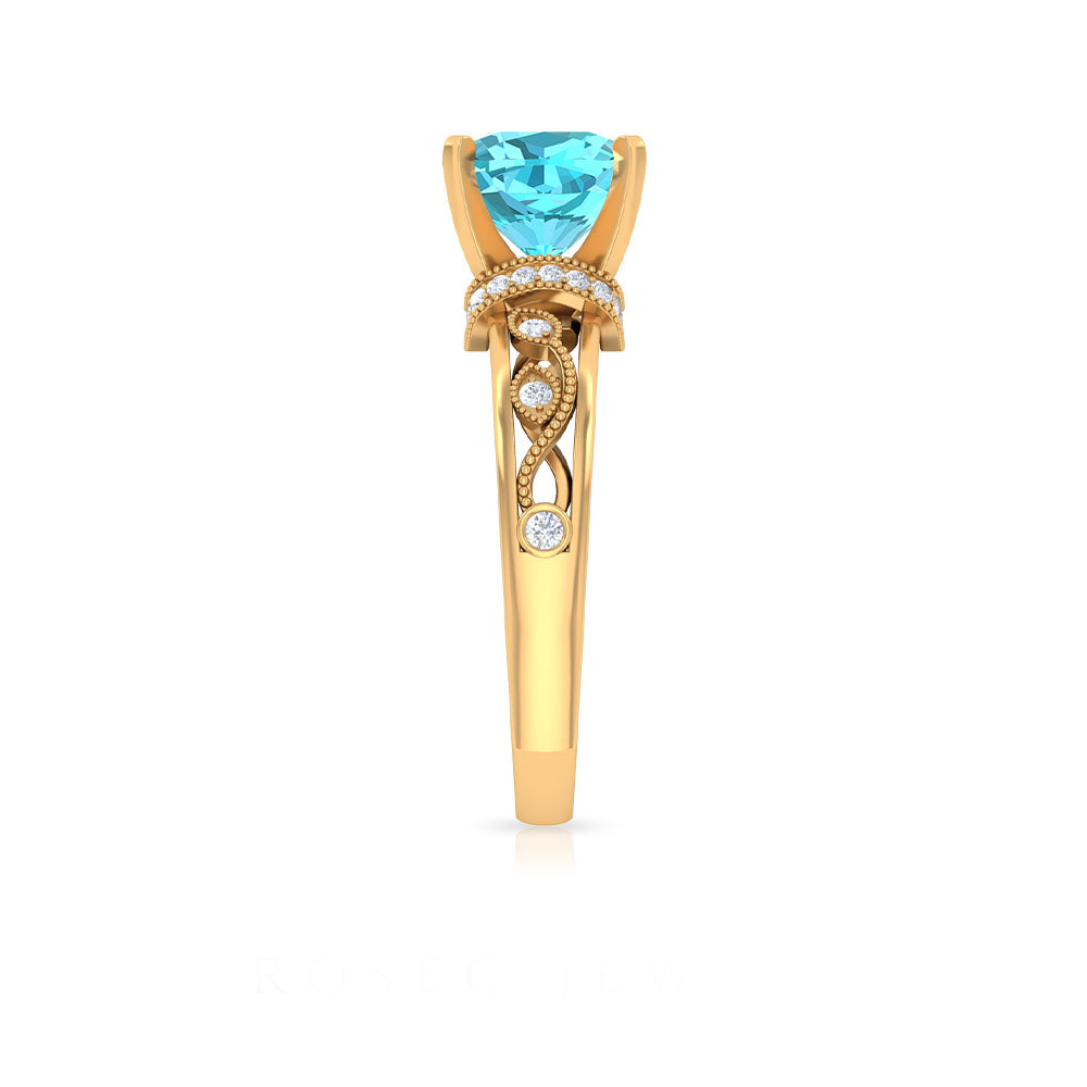 2.50 CT Swiss Blue Topaz Milgrain Solitaire Ring with Diamond Accents Swiss Blue Topaz - ( AAA ) - Quality - Rosec Jewels