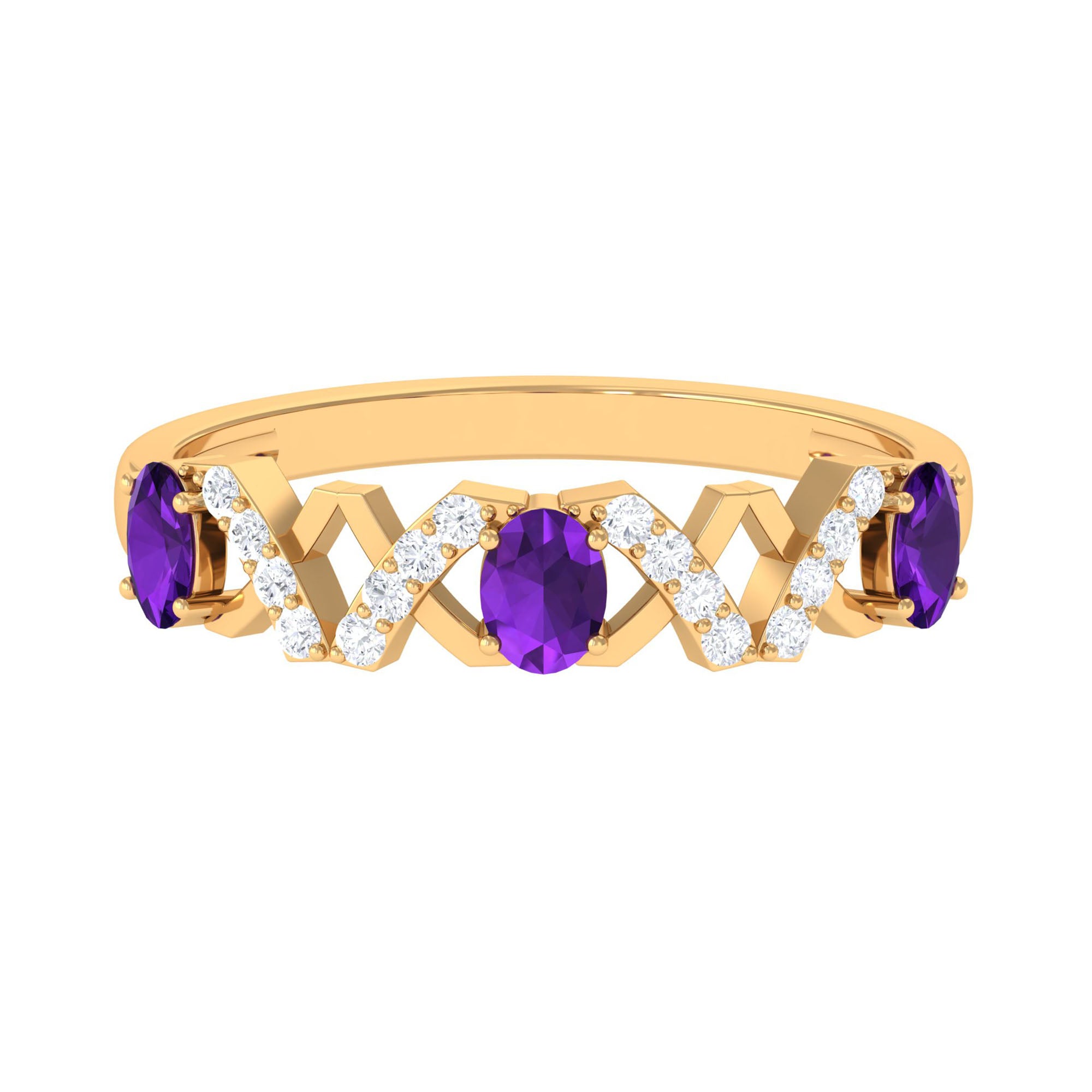 Oval Amethyst Criss Cross Half Eternity Band Ring with Diamond Amethyst - ( AAA ) - Quality - Rosec Jewels