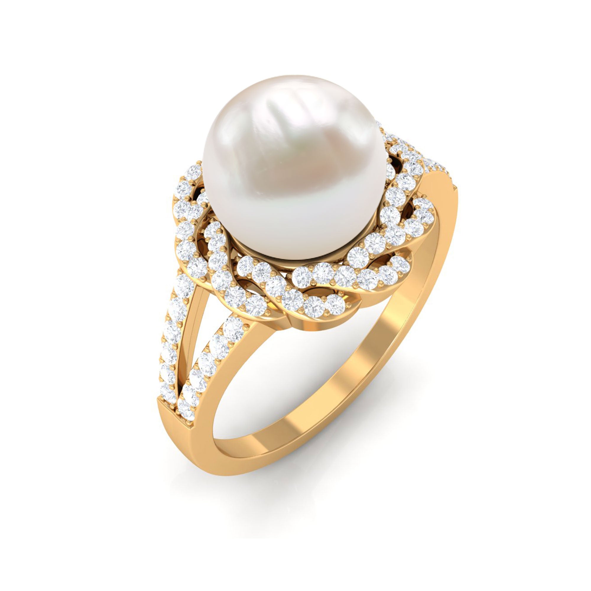 Split Shank Freshwater Pearl and Diamond Braided Statement Ring Freshwater Pearl - ( AAA ) - Quality - Rosec Jewels