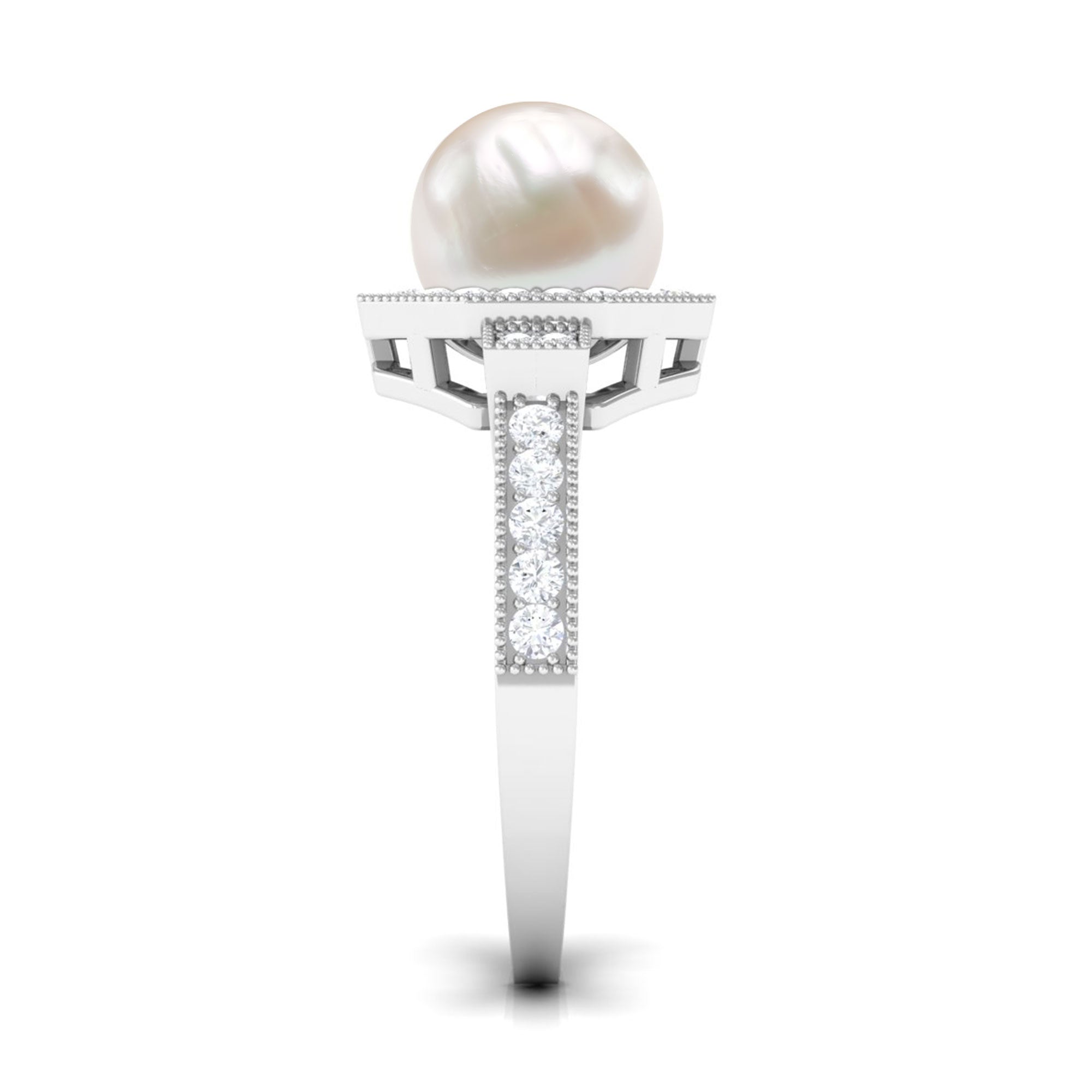 3 CT Freshwater Pearl Antique Beaded Ring with Diamond Halo Freshwater Pearl - ( AAA ) - Quality - Rosec Jewels