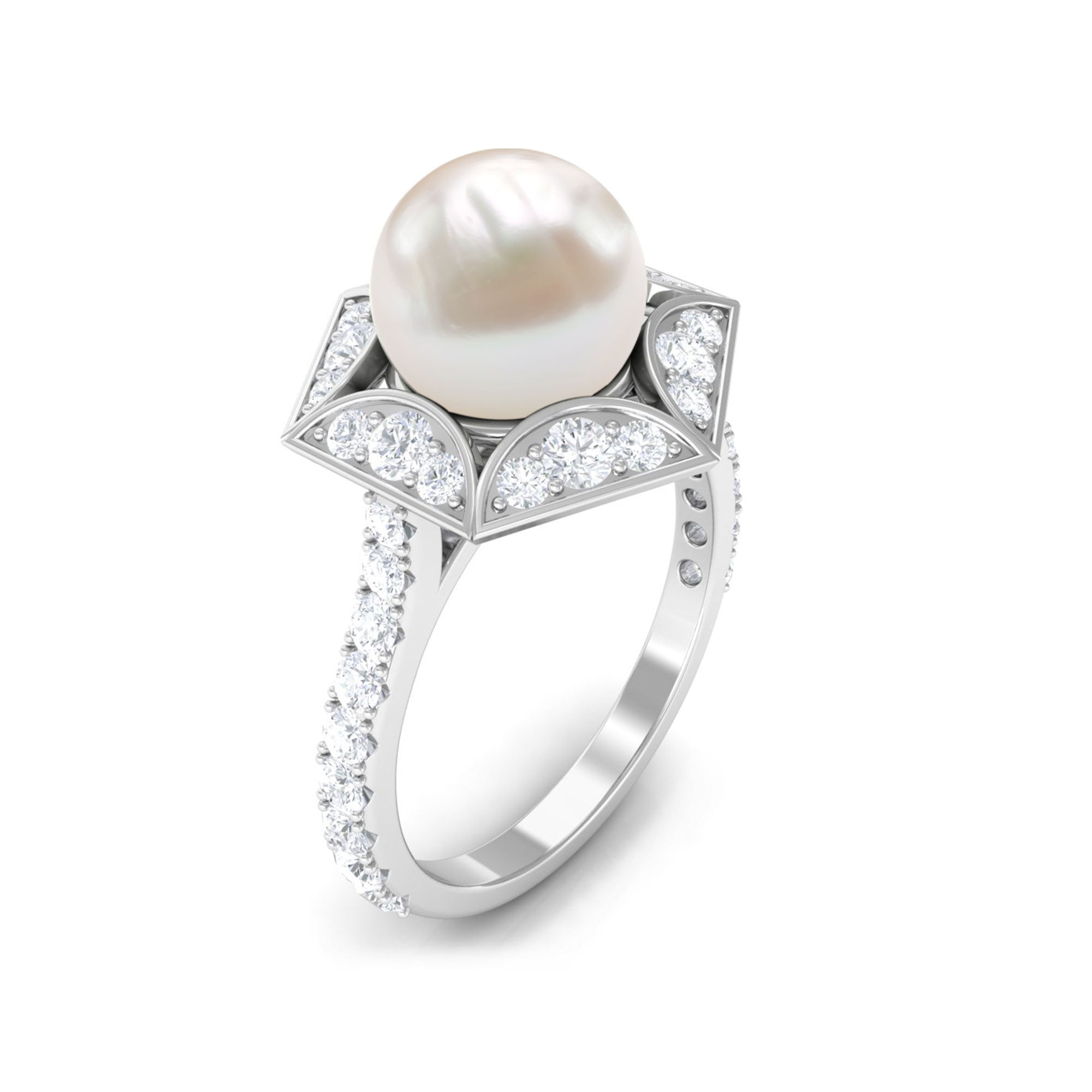 2.50 CT Freshwater White Pearl and Diamond Statement Ring Freshwater Pearl - ( AAA ) - Quality - Rosec Jewels