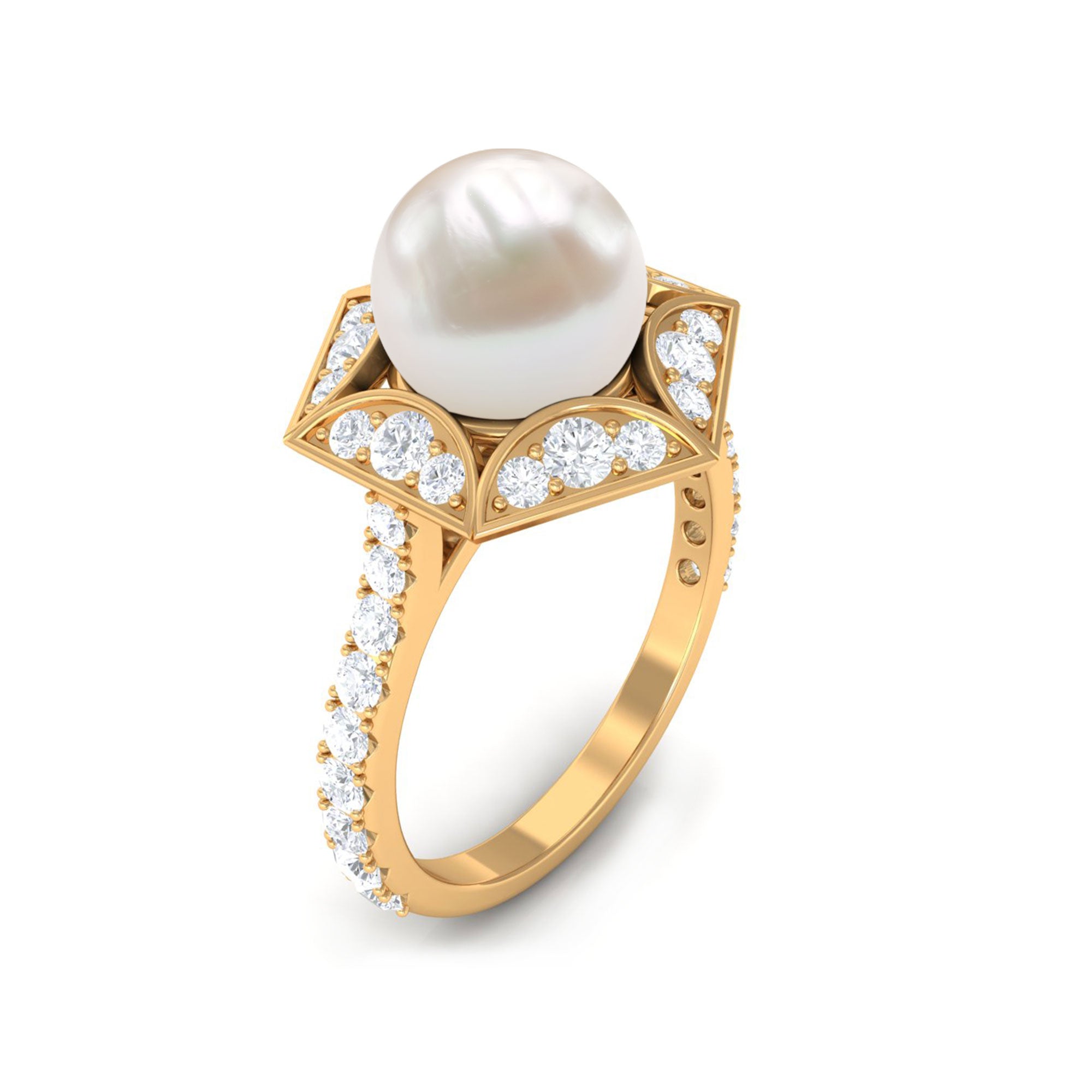 2.50 CT Freshwater White Pearl and Diamond Statement Ring Freshwater Pearl - ( AAA ) - Quality - Rosec Jewels