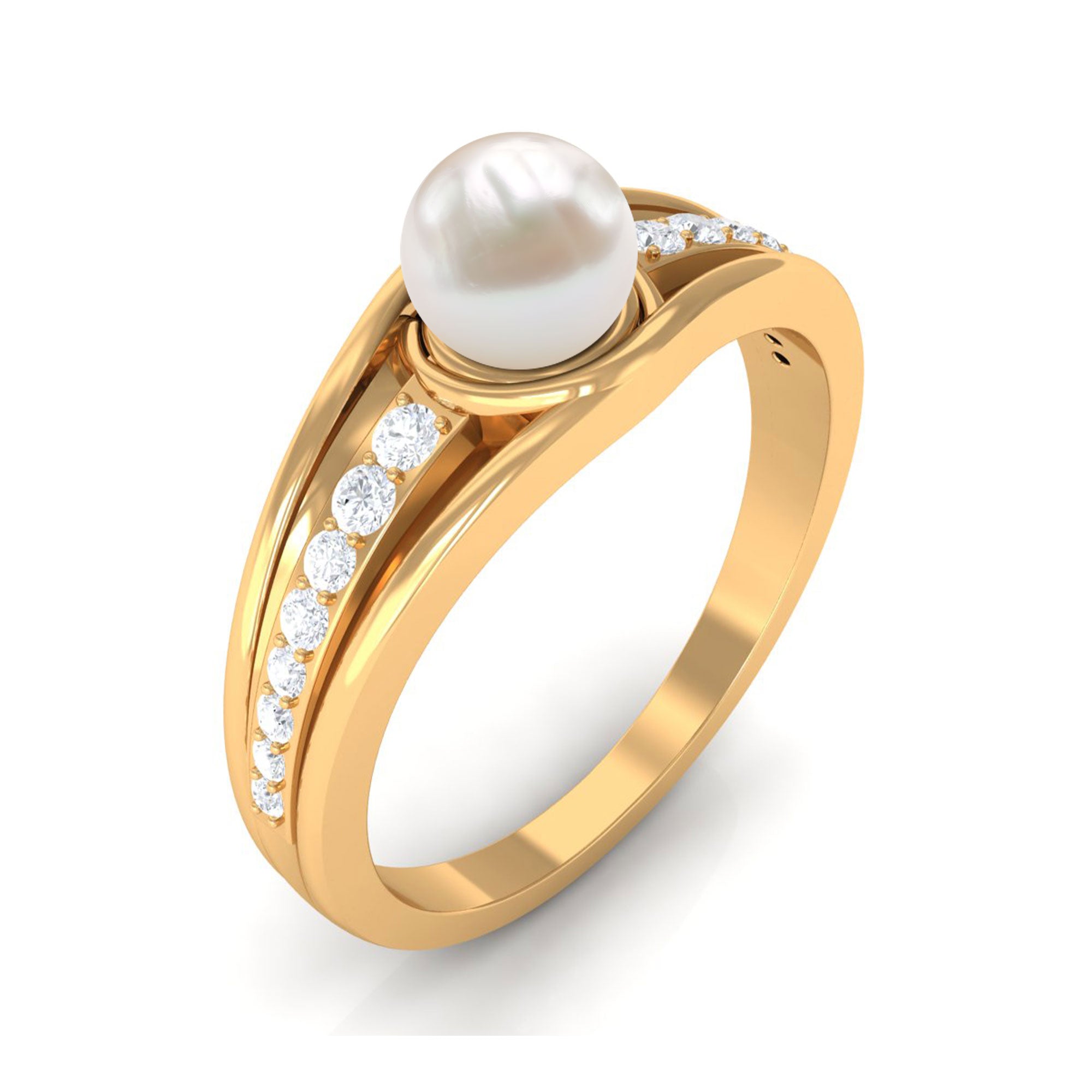 Freshwater Pearl Engagement Ring with Diamond Side Stones Freshwater Pearl - ( AAA ) - Quality - Rosec Jewels