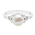 Bead Set Freshwater Pearl Solitaire Split Shank Ring with Diamond Freshwater Pearl - ( AAA ) - Quality - Rosec Jewels