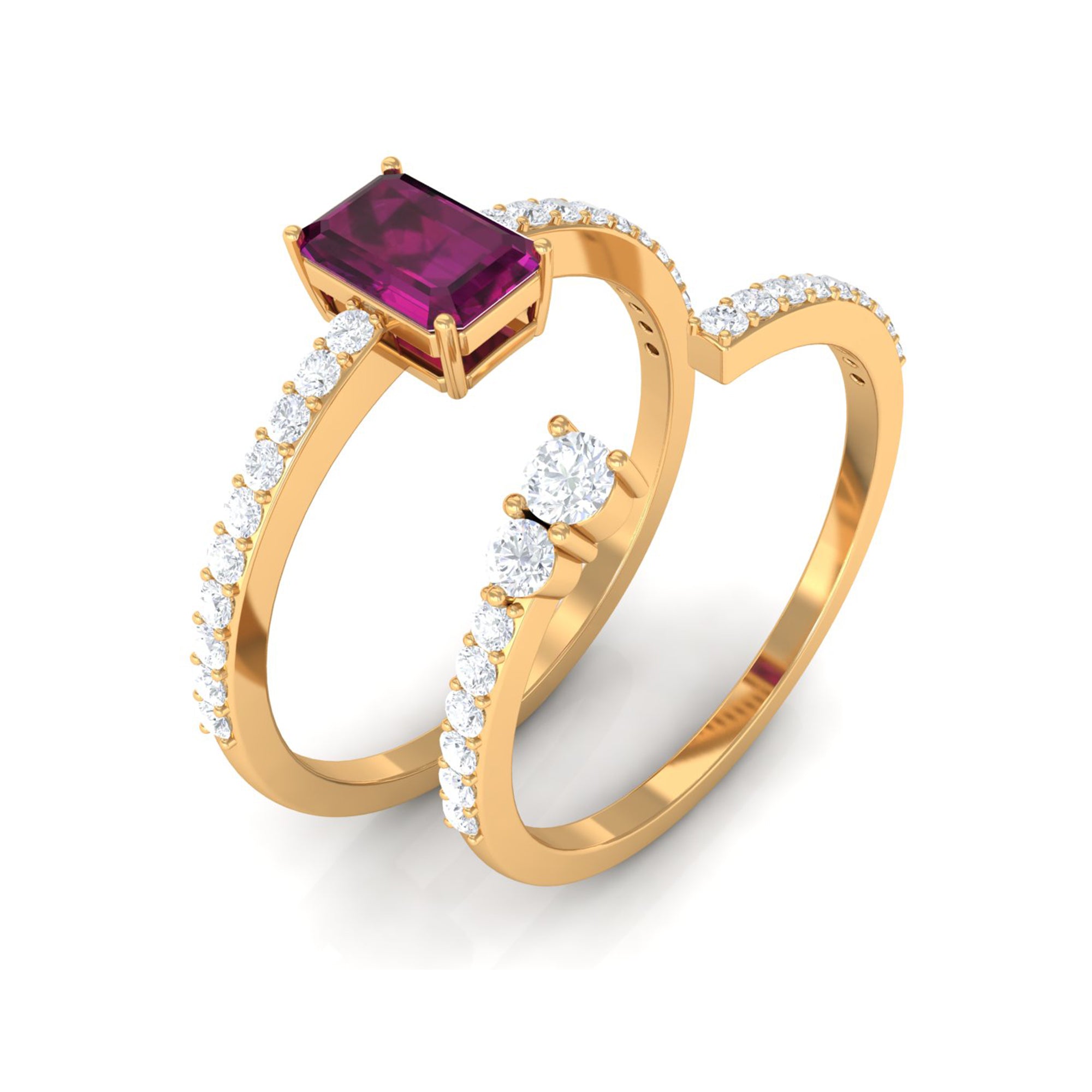 2.75 CT Emerald Cut Rhodolite and Diamond Stackable Ring Set Rhodolite - ( AAA ) - Quality - Rosec Jewels