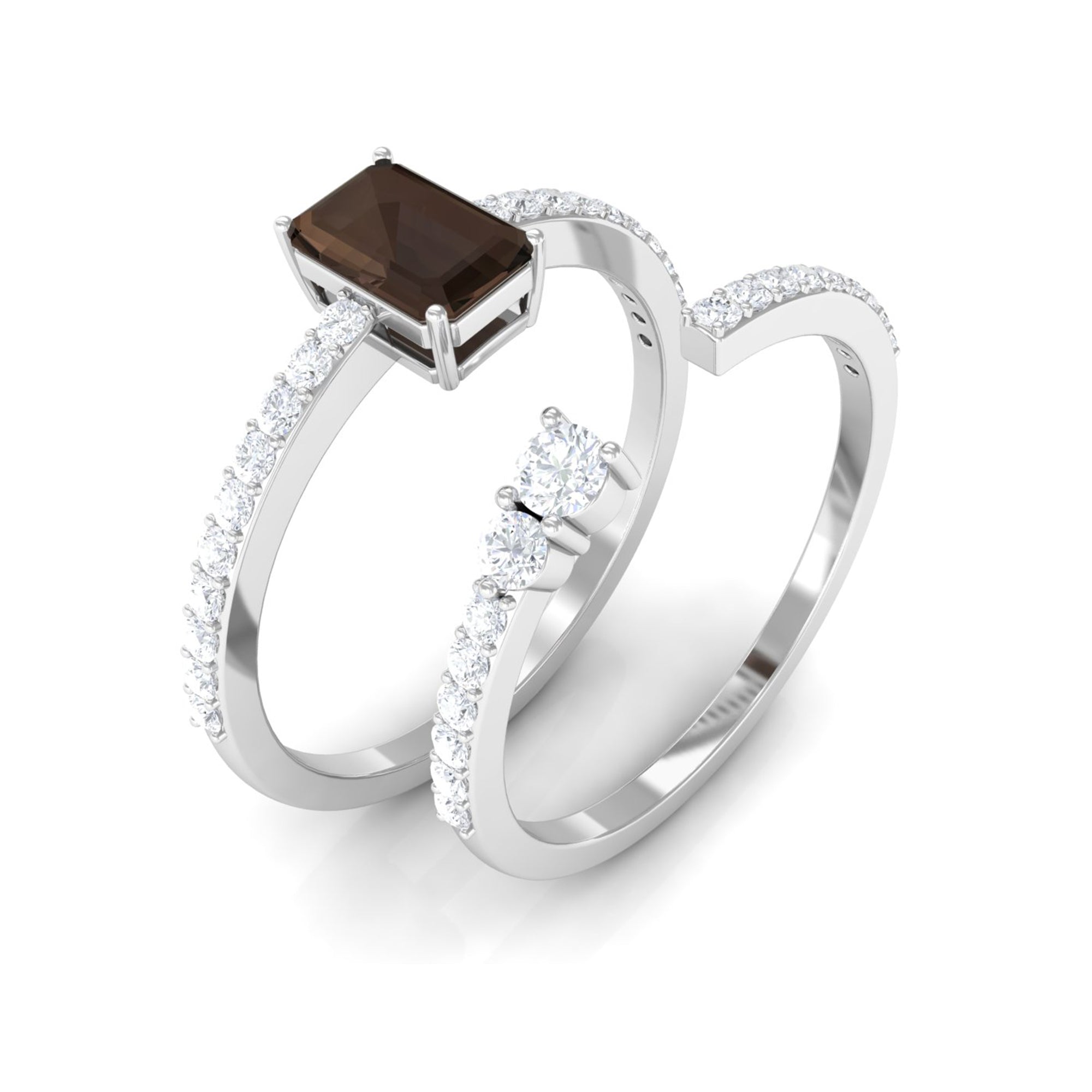 Real Smoky Quartz and Diamond Stackable Ring Set Smoky Quartz - ( AAA ) - Quality - Rosec Jewels