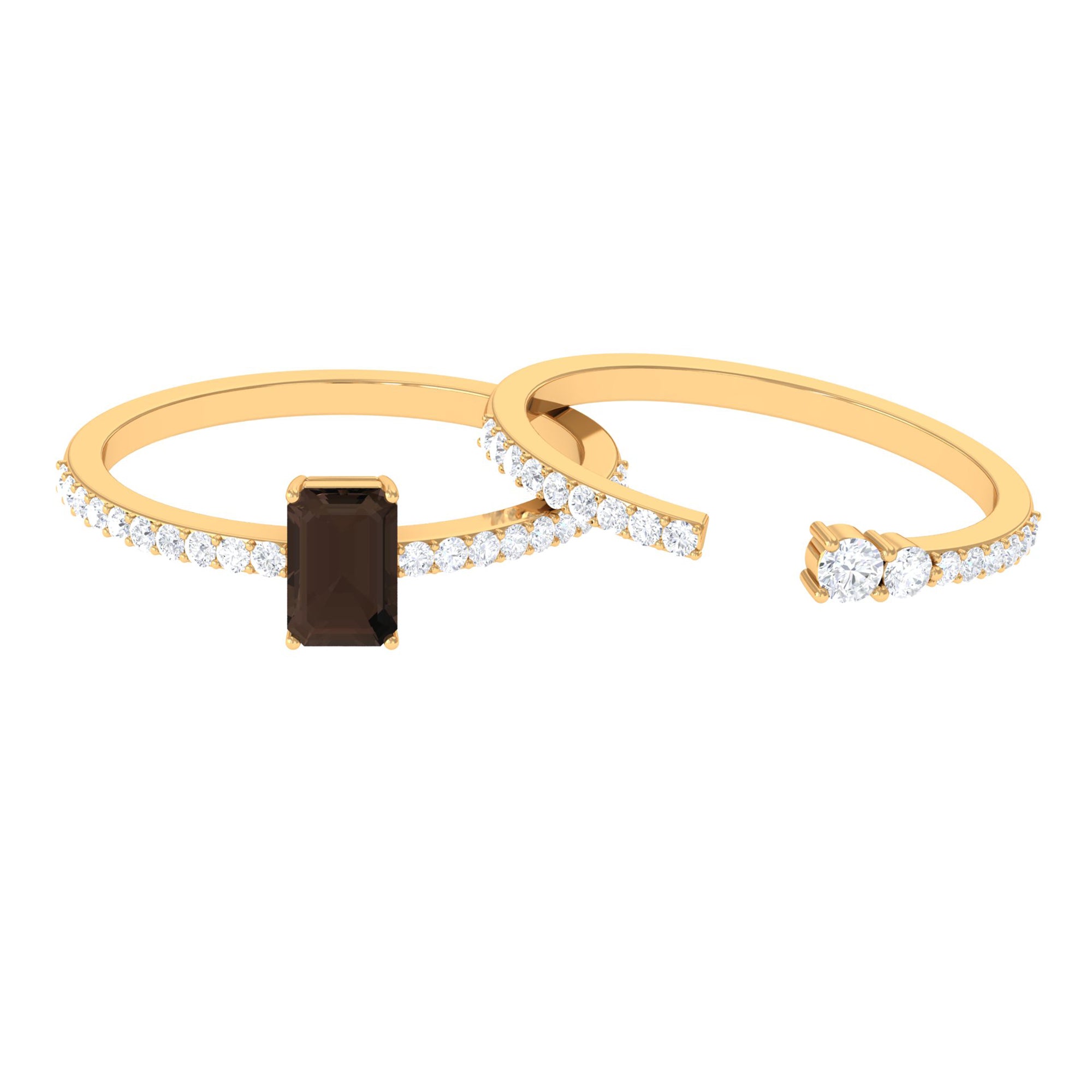 Real Smoky Quartz and Diamond Stackable Ring Set Smoky Quartz - ( AAA ) - Quality - Rosec Jewels