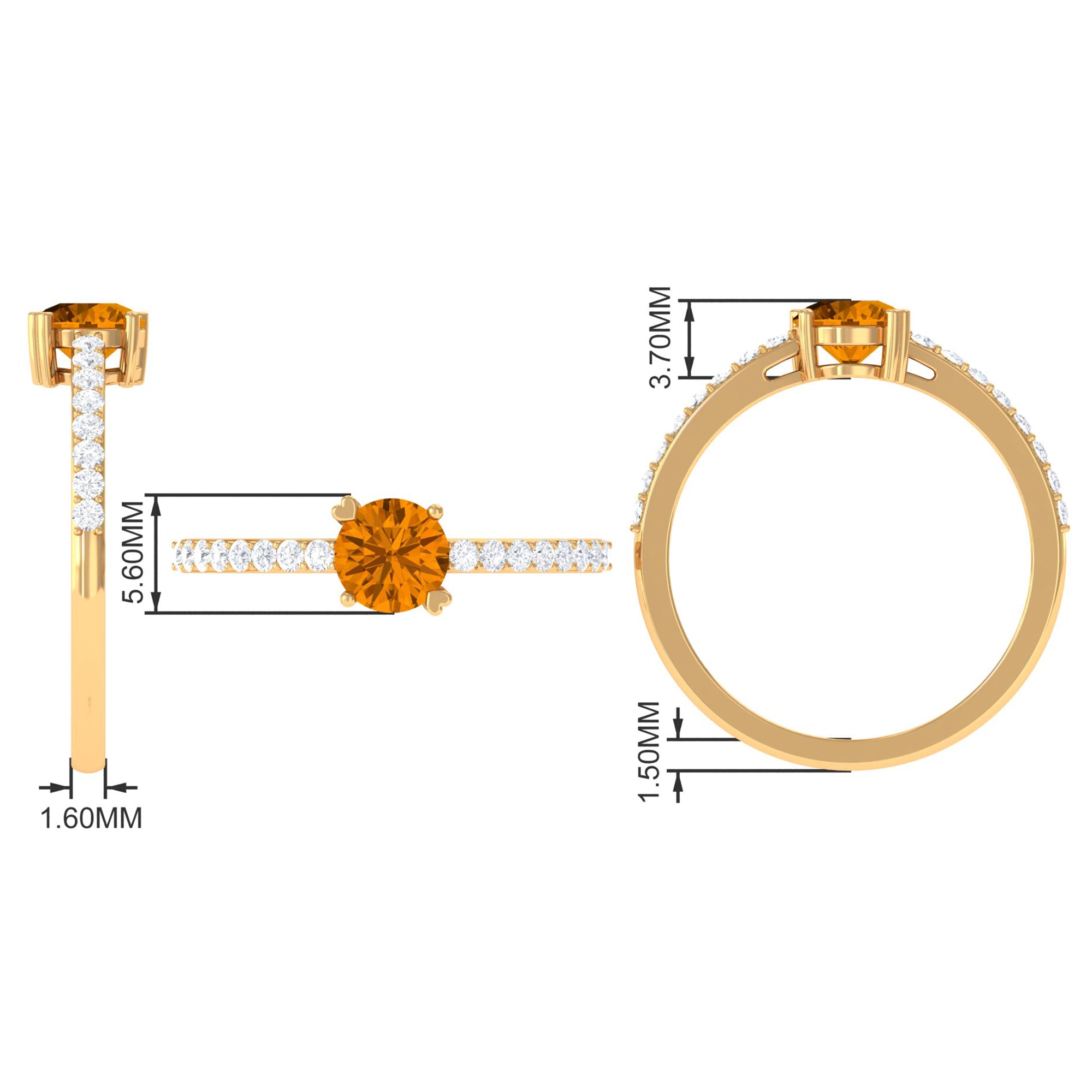 1 CT Citrine Solitaire Promise Ring with Diamond Side Stones Citrine - ( AAA ) - Quality - Rosec Jewels