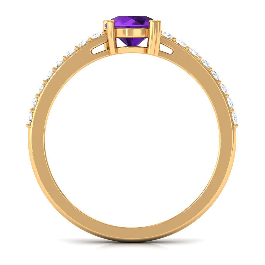 1 CT Round Shape Solitaire Amethyst Designer Promise Ring with Diamond Amethyst - ( AAA ) - Quality - Rosec Jewels