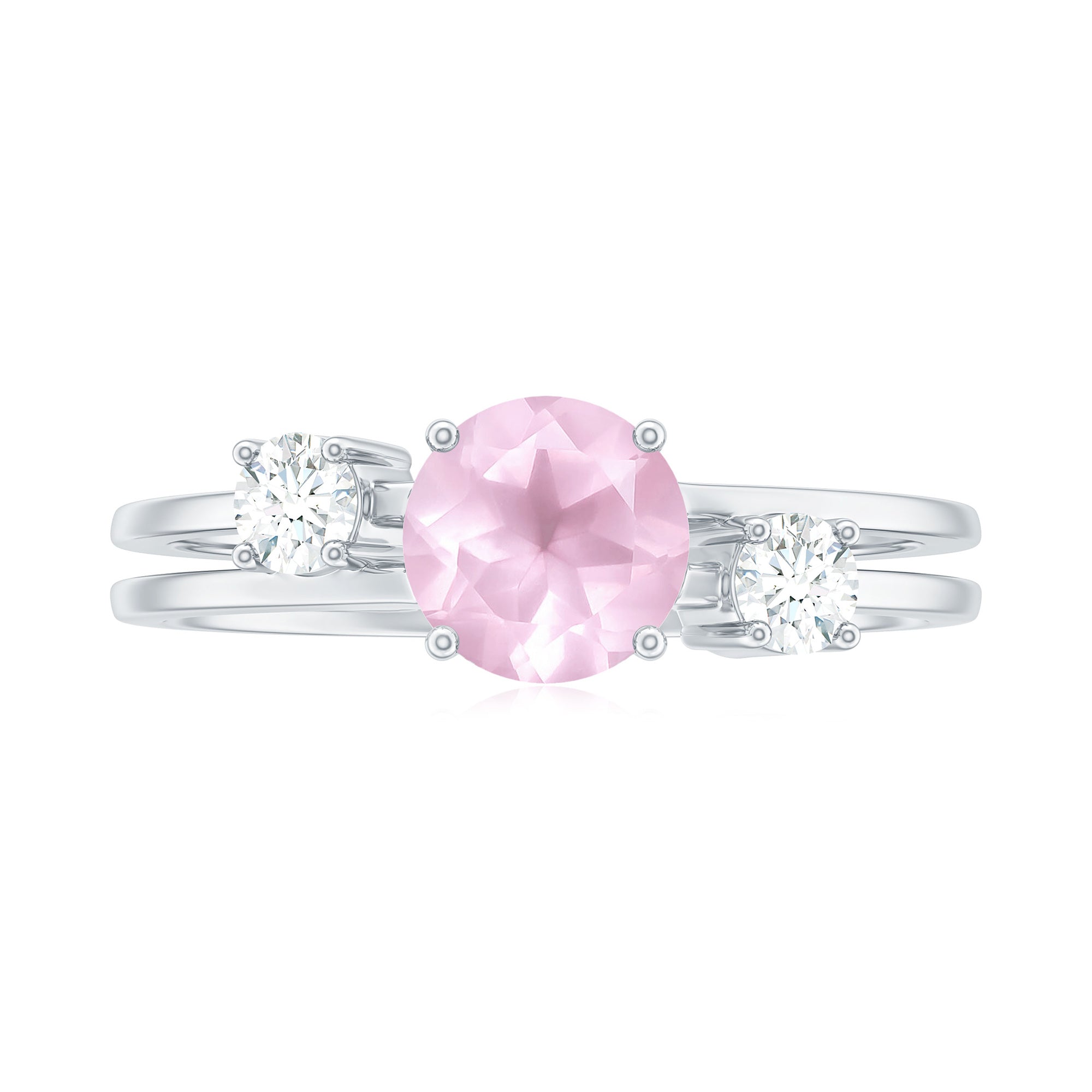 Rose Quartz Solitaire Double Band Ring with Diamond Stones Rose Quartz - ( AAA ) - Quality - Rosec Jewels