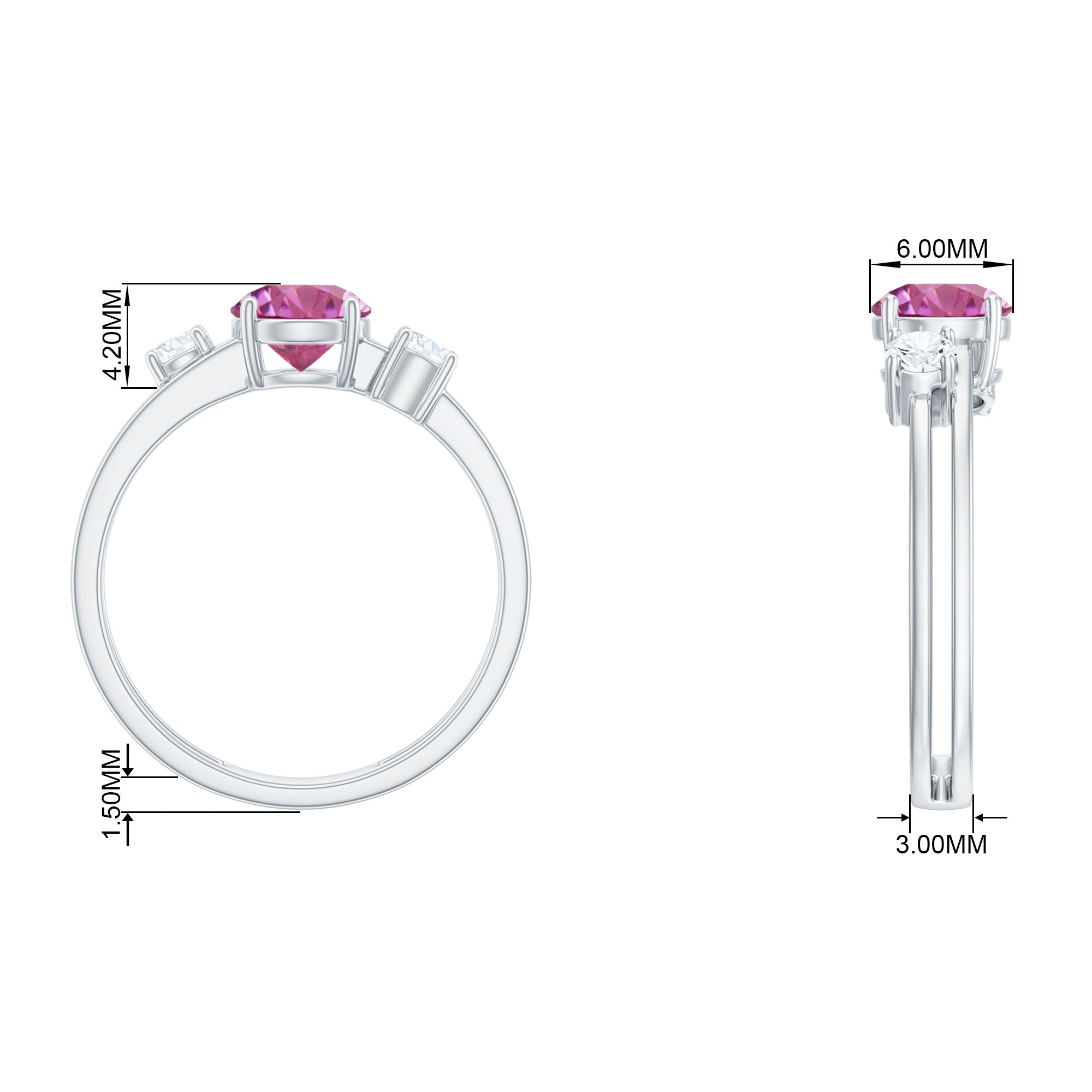 1 CT Genuine Pink Tourmaline Solitaire Double Band Ring with Diamond Pink Tourmaline - ( AAA ) - Quality - Rosec Jewels