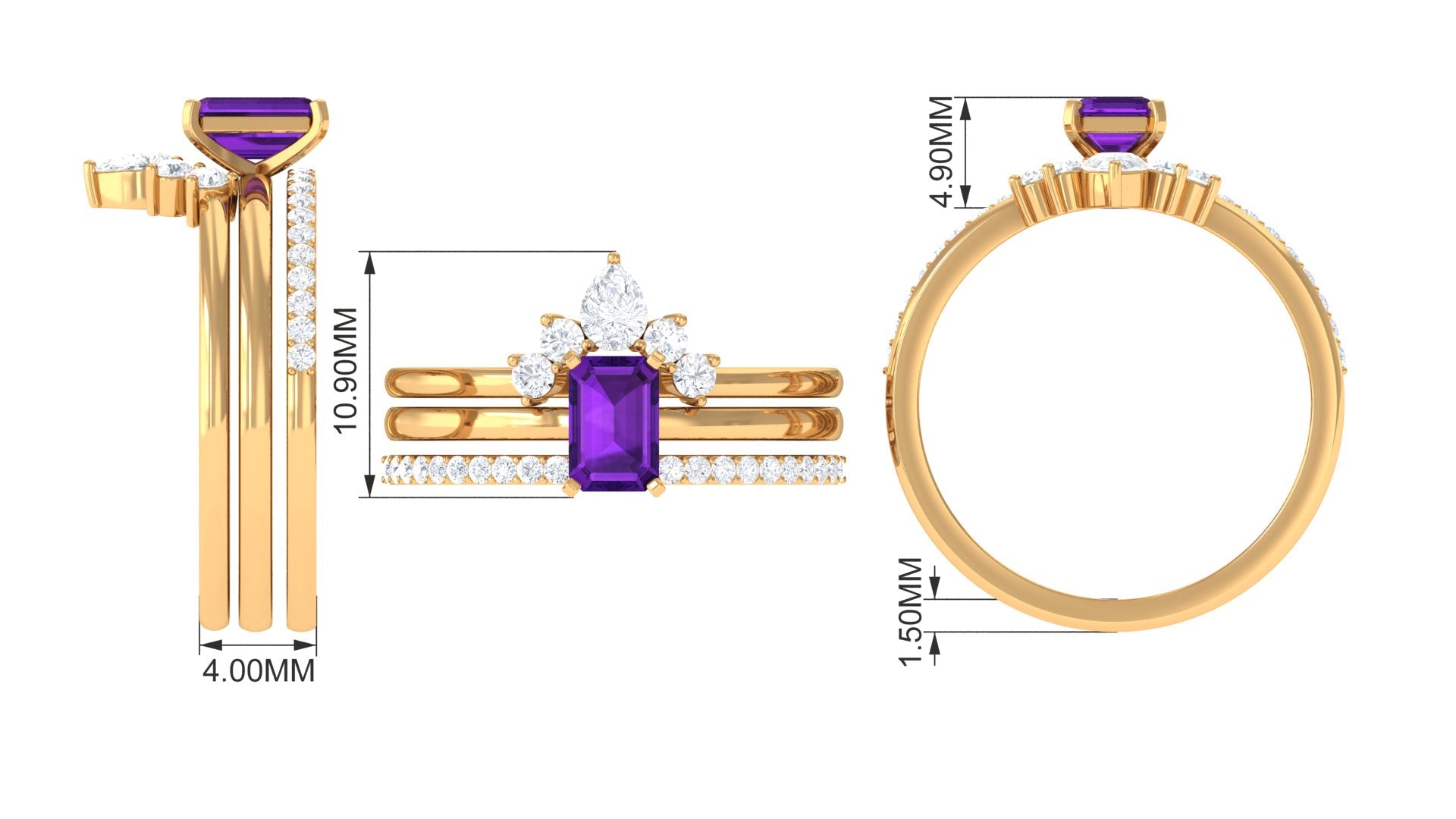 Octagon Amethyst Solitaire Ring Set of 3 with Moissanite Amethyst - ( AAA ) - Quality - Rosec Jewels