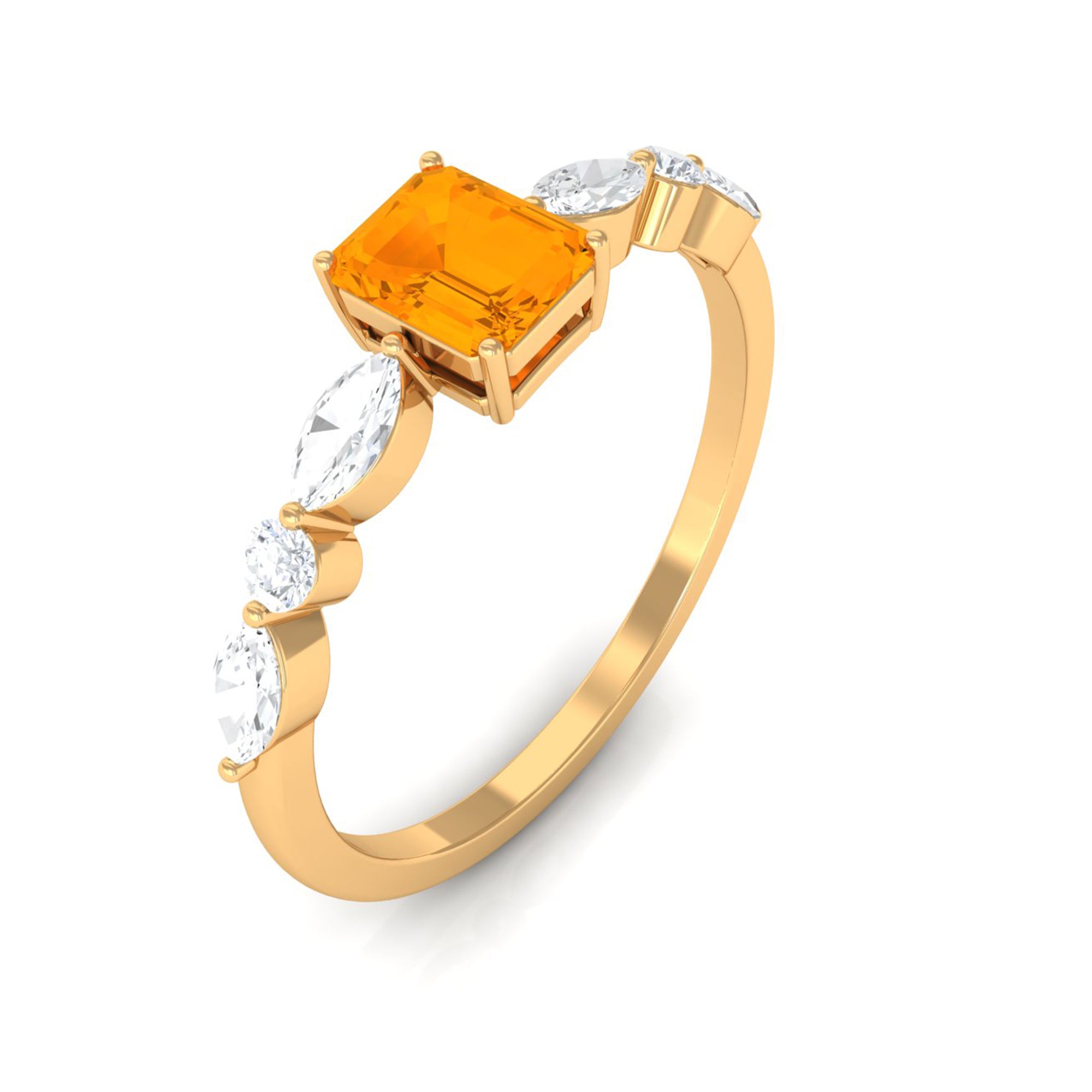 Emerald Cut Fire Opal Solitaire Ring with Diamond Side Stones Fire Opal - ( AAA ) - Quality - Rosec Jewels