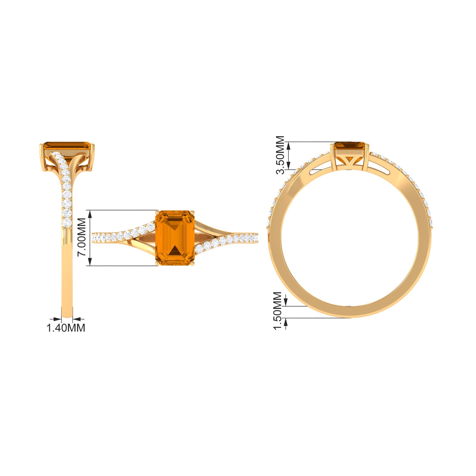 1.25 CT Emerald Cut Citrine Solitaire Ring with Diamond Accent Citrine - ( AAA ) - Quality - Rosec Jewels