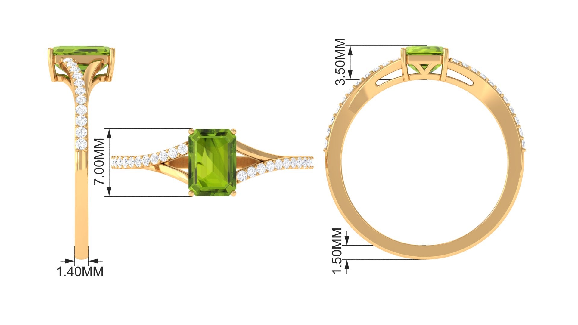 1.50 CT Split Shank Peridot Solitaire Ring with Diamond Accent Peridot - ( AAA ) - Quality - Rosec Jewels