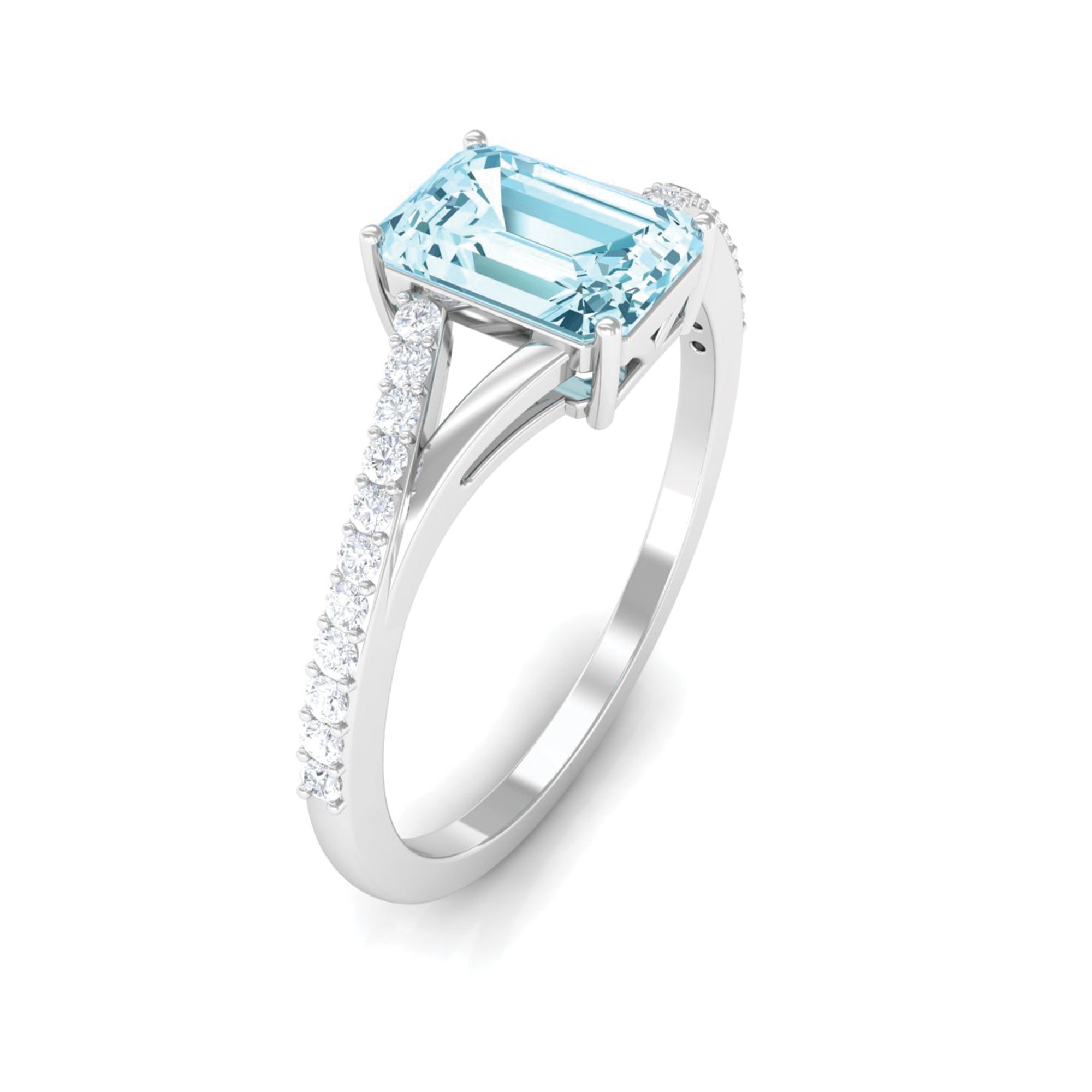 Octagon Cut Solitaire Aquamarine Engagement Ring with Diamond Aquamarine - ( AAA ) - Quality - Rosec Jewels