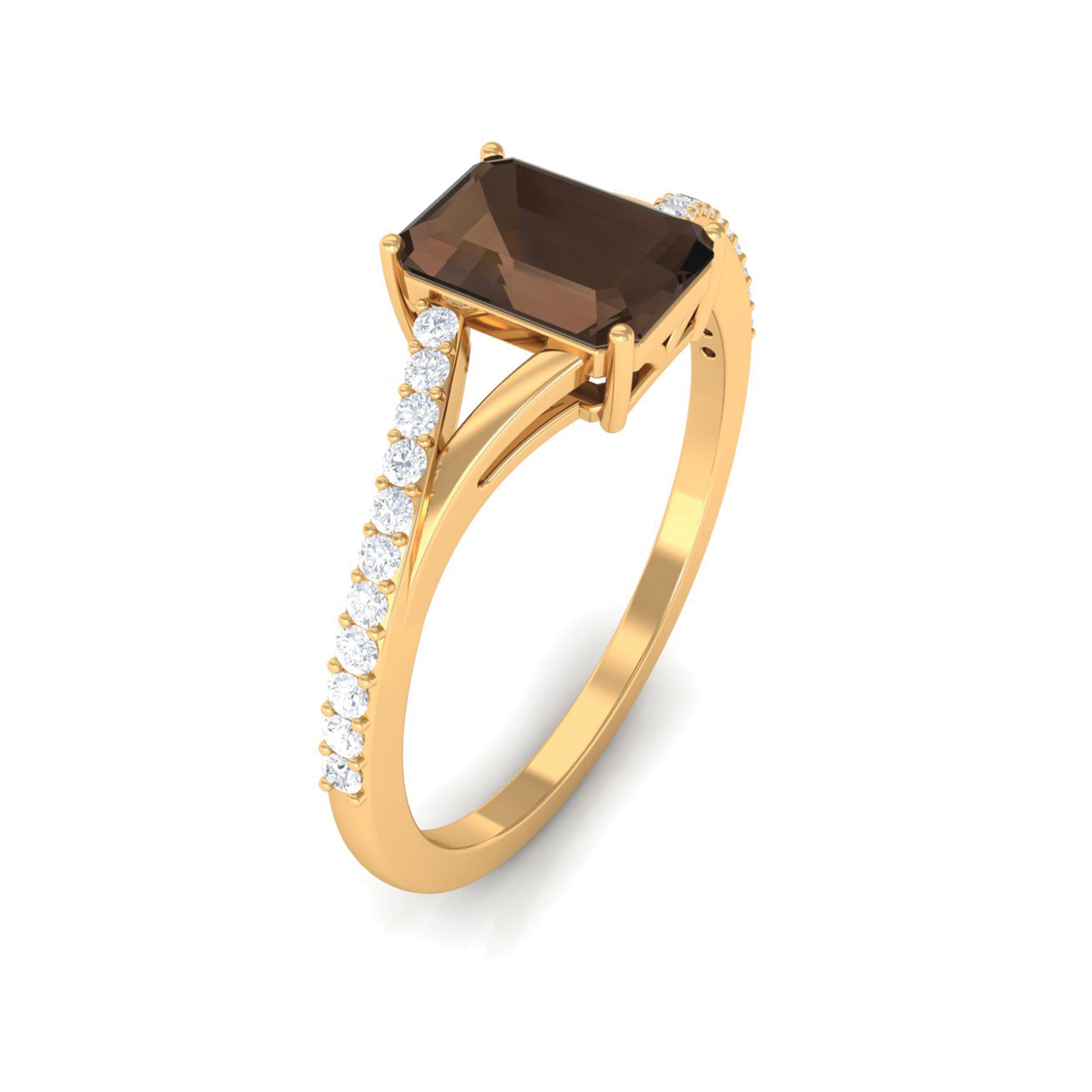 Octagon Cut Smoky Quartz Solitaire Split Shank Ring with Diamond Smoky Quartz - ( AAA ) - Quality - Rosec Jewels